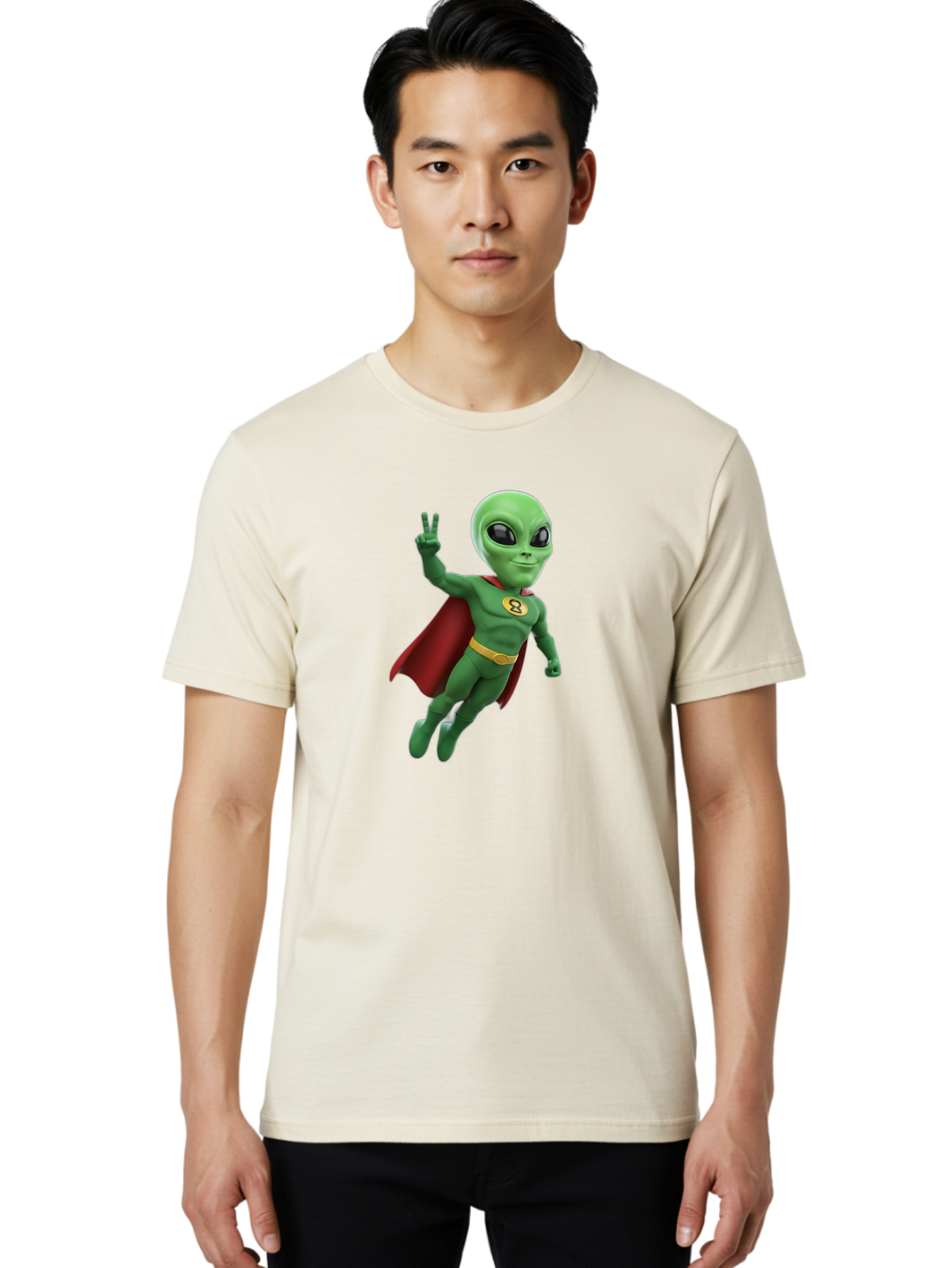Alien-Superhero Men'S Graphic Tee, 100% Cotton, Comfortable Casual Summer Wear, Machine Washable, Cartoon Alien, Superhero Costume, Red Cape, Yellow Belt, Peace Sign, Green Alien, Superhero Emblem, Cartoon Character, 3D Illustration, Bab634 24