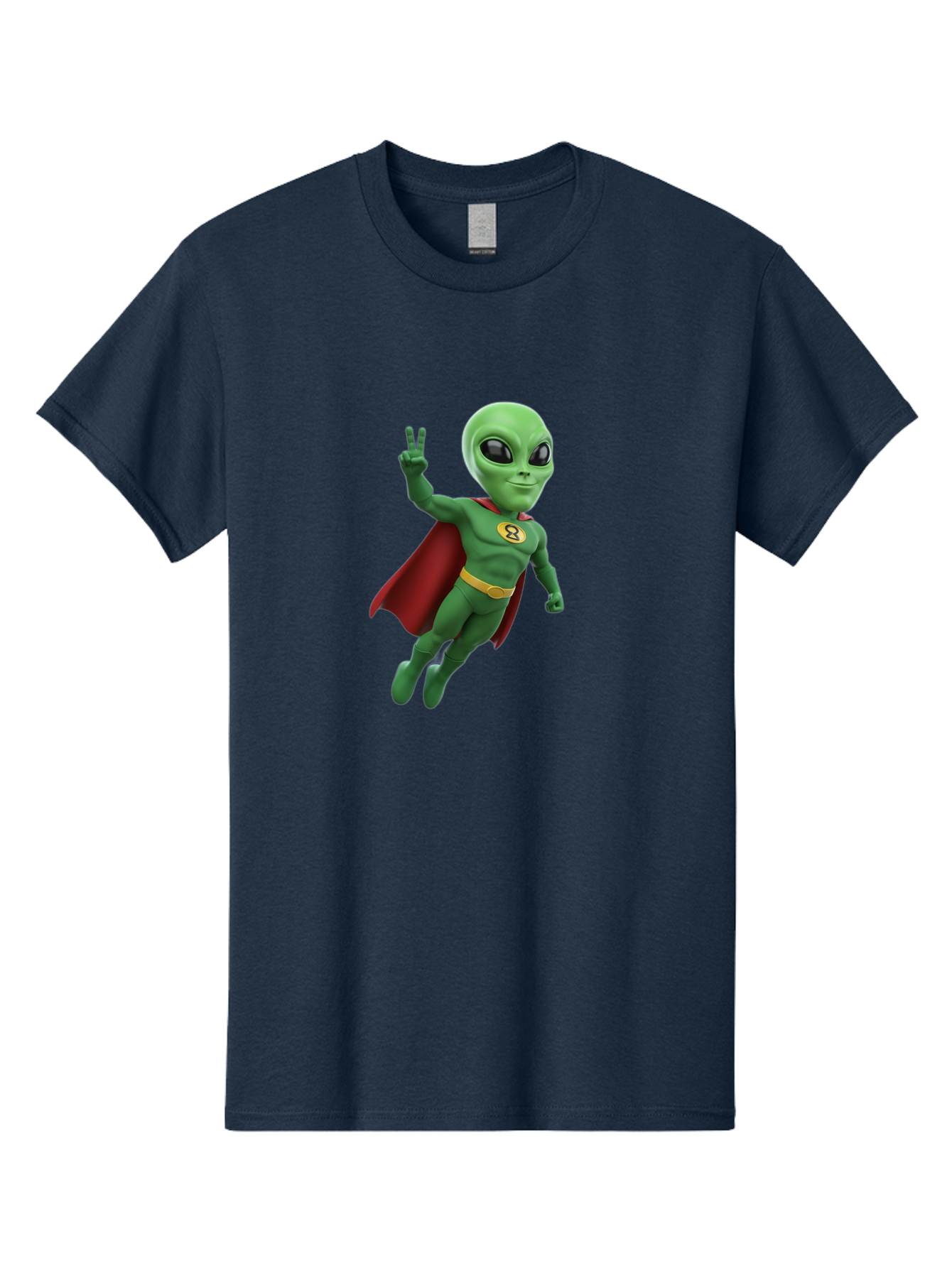 Alien-Superhero Men'S Graphic Tee, 100% Cotton, Comfortable Casual Summer Wear, Machine Washable, Cartoon Alien, Superhero Costume, Red Cape, Yellow Belt, Peace Sign, Green Alien, Superhero Emblem, Cartoon Character, 3D Illustration, Bab634 11