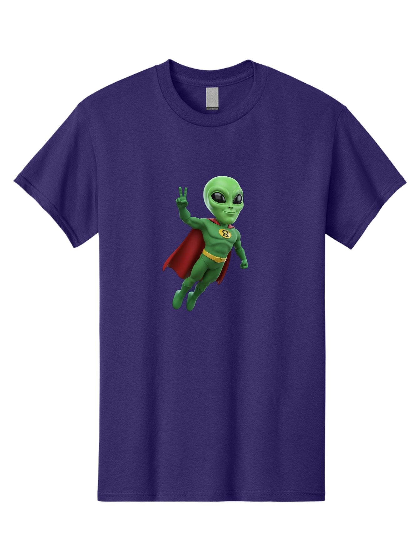 Alien-Superhero Men'S Graphic Tee, 100% Cotton, Comfortable Casual Summer Wear, Machine Washable, Cartoon Alien, Superhero Costume, Red Cape, Yellow Belt, Peace Sign, Green Alien, Superhero Emblem, Cartoon Character, 3D Illustration, Bab634 12