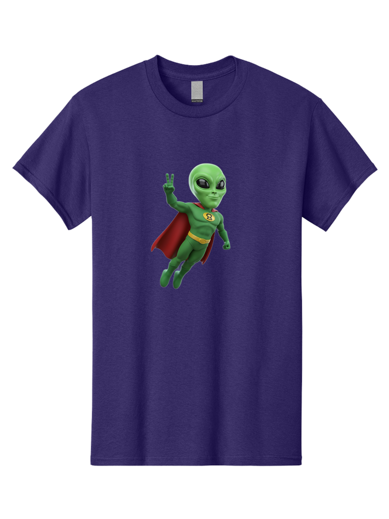 Alien-Superhero Men'S Graphic Tee, 100% Cotton, Comfortable Casual Summer Wear, Machine Washable, Cartoon Alien, Superhero Costume, Red Cape, Yellow Belt, Peace Sign, Green Alien, Superhero Emblem, Cartoon Character, 3D Illustration, Bab634 3