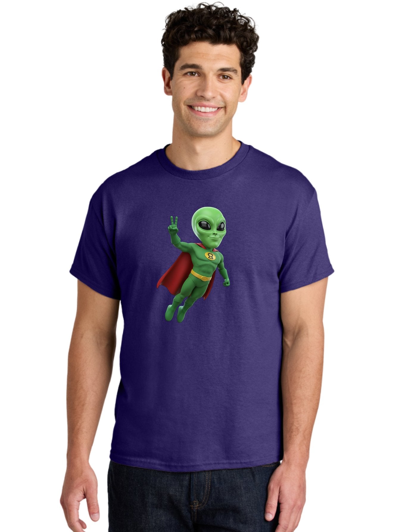Alien-Superhero Men'S Graphic Tee, 100% Cotton, Comfortable Casual Summer Wear, Machine Washable, Cartoon Alien, Superhero Costume, Red Cape, Yellow Belt, Peace Sign, Green Alien, Superhero Emblem, Cartoon Character, 3D Illustration, Bab634 28
