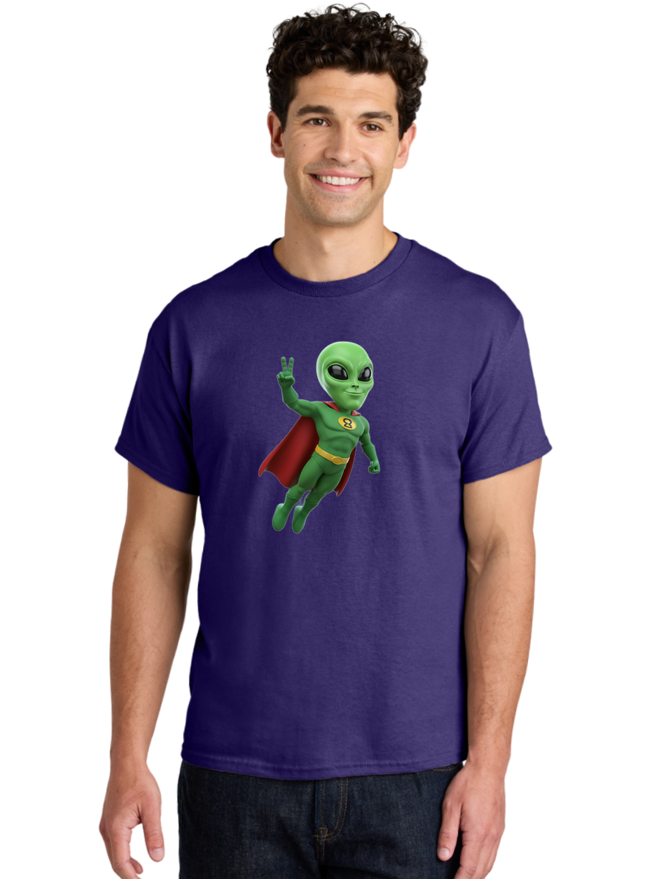 Alien-Superhero Men'S Graphic Tee, 100% Cotton, Comfortable Casual Summer Wear, Machine Washable, Cartoon Alien, Superhero Costume, Red Cape, Yellow Belt, Peace Sign, Green Alien, Superhero Emblem, Cartoon Character, 3D Illustration, Bab634 18