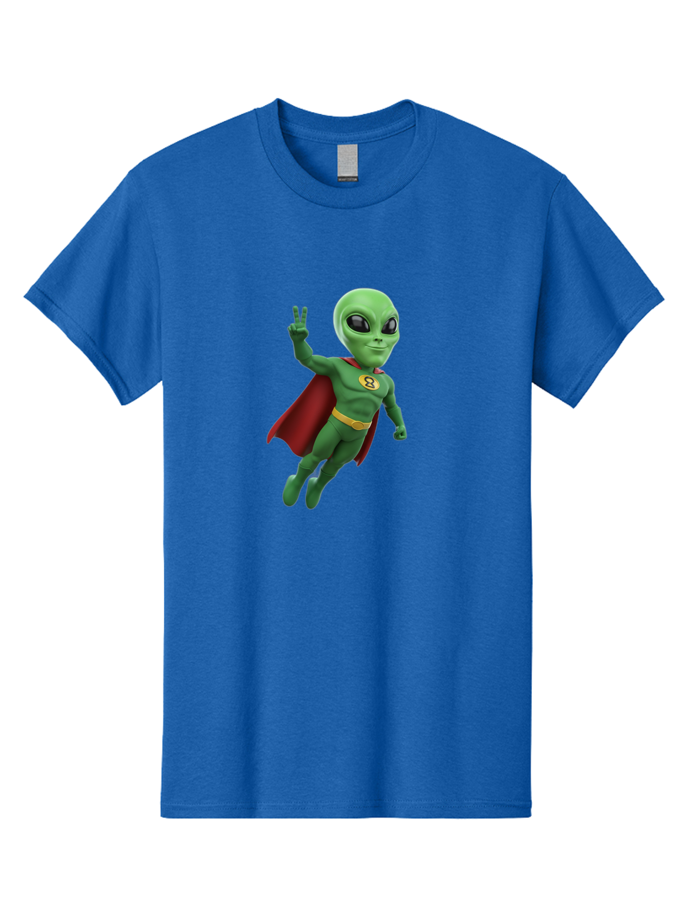 Alien-Superhero Men'S Graphic Tee, 100% Cotton, Comfortable Casual Summer Wear, Machine Washable, Cartoon Alien, Superhero Costume, Red Cape, Yellow Belt, Peace Sign, Green Alien, Superhero Emblem, Cartoon Character, 3D Illustration, Bab634 4