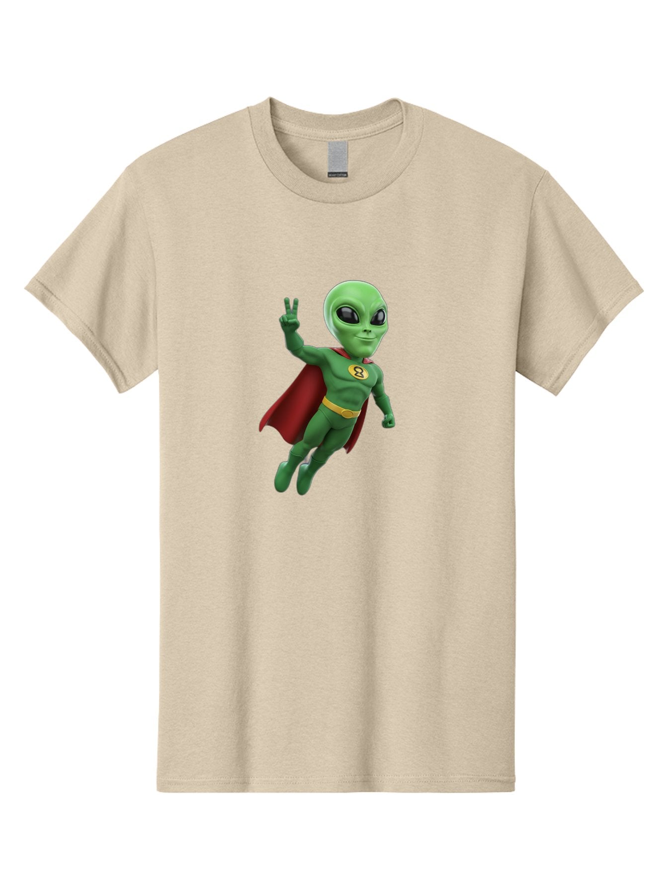 Alien-Superhero Men'S Graphic Tee, 100% Cotton, Comfortable Casual Summer Wear, Machine Washable, Cartoon Alien, Superhero Costume, Red Cape, Yellow Belt, Peace Sign, Green Alien, Superhero Emblem, Cartoon Character, 3D Illustration, Bab634 9