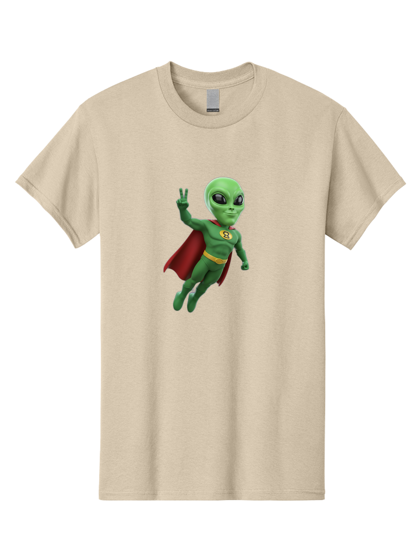 Alien-Superhero Men'S Graphic Tee, 100% Cotton, Comfortable Casual Summer Wear, Machine Washable, Cartoon Alien, Superhero Costume, Red Cape, Yellow Belt, Peace Sign, Green Alien, Superhero Emblem, Cartoon Character, 3D Illustration, Bab634 5