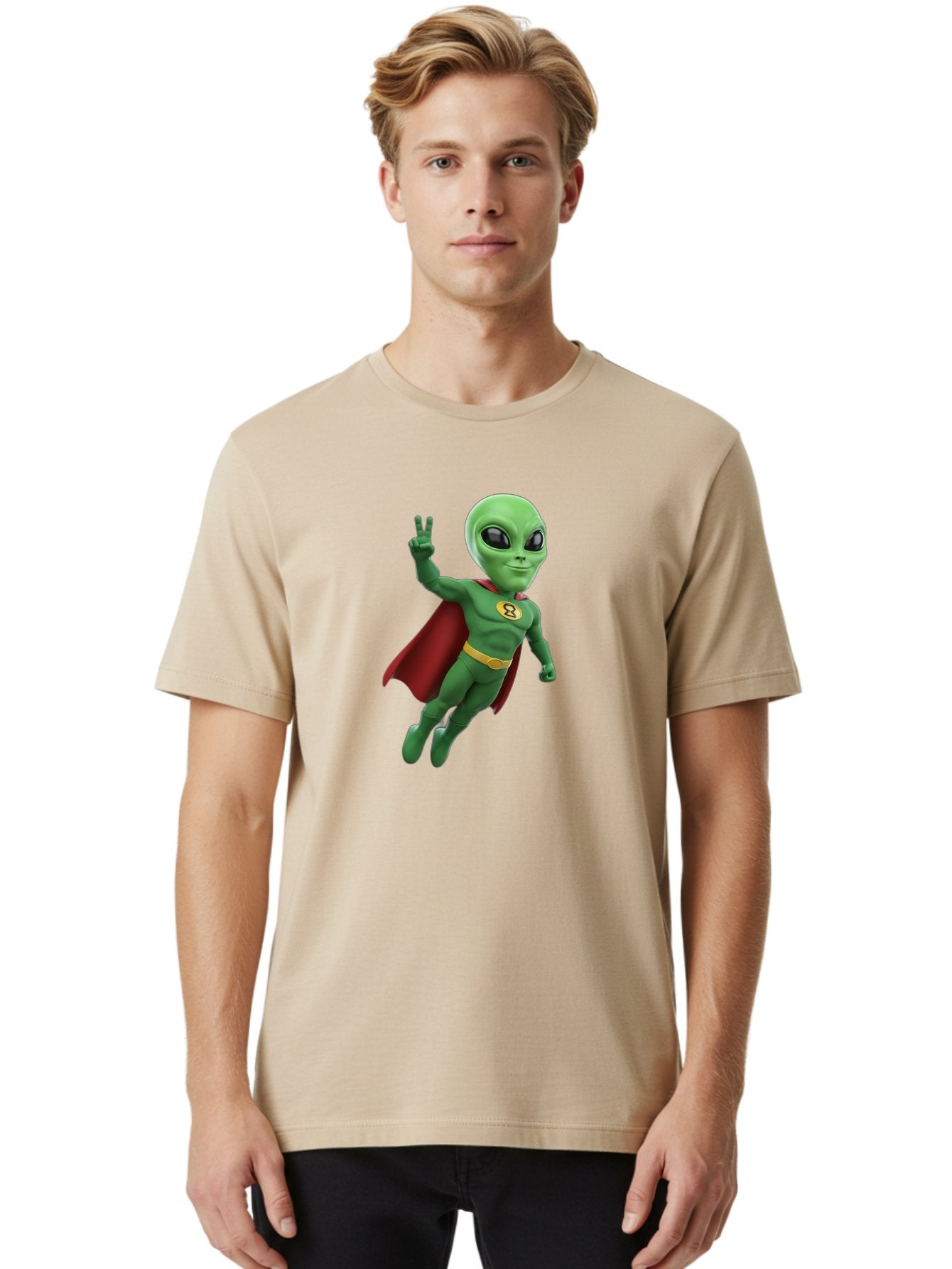 Alien-Superhero Men'S Graphic Tee, 100% Cotton, Comfortable Casual Summer Wear, Machine Washable, Cartoon Alien, Superhero Costume, Red Cape, Yellow Belt, Peace Sign, Green Alien, Superhero Emblem, Cartoon Character, 3D Illustration, Bab634 26