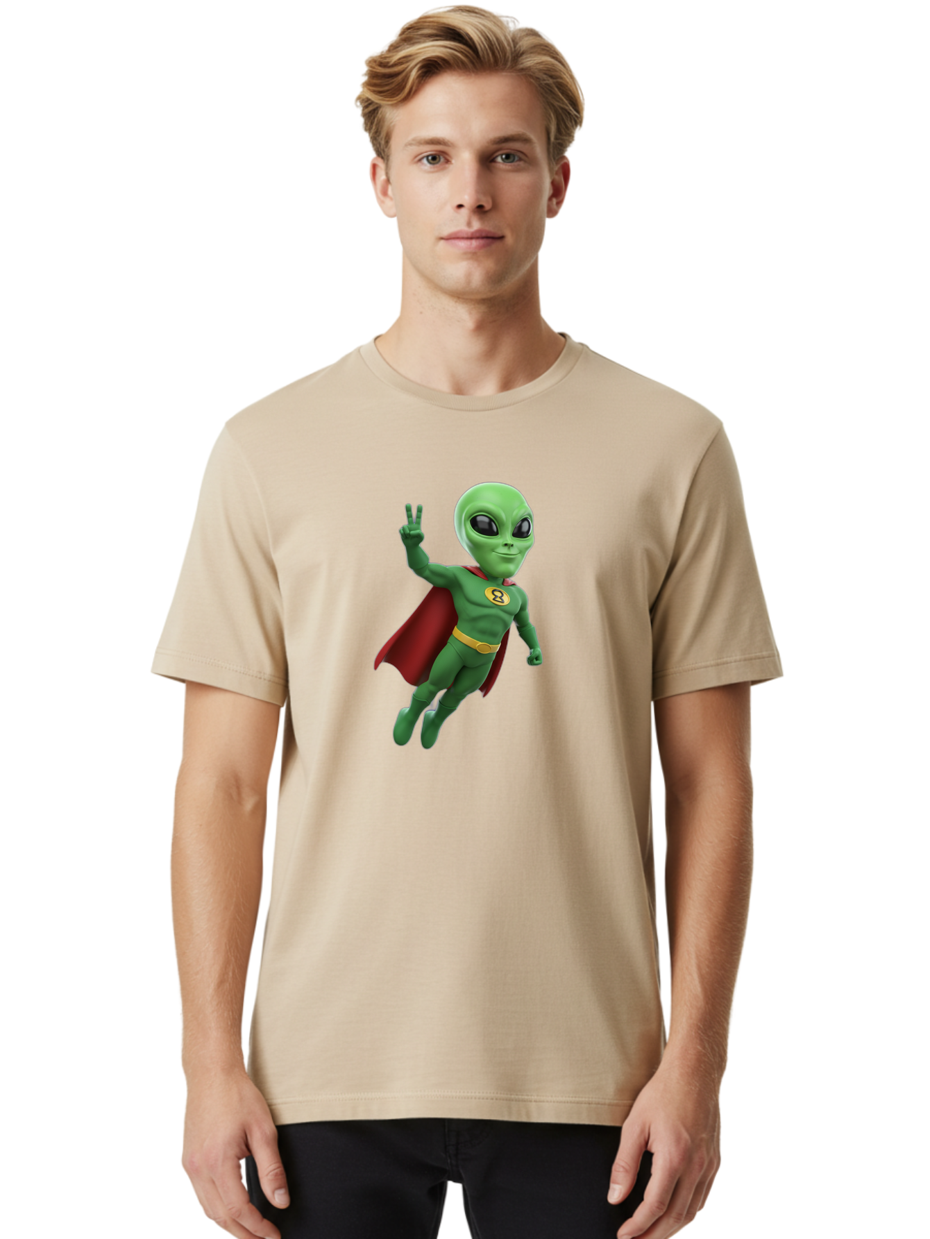 Alien-Superhero Men'S Graphic Tee, 100% Cotton, Comfortable Casual Summer Wear, Machine Washable, Cartoon Alien, Superhero Costume, Red Cape, Yellow Belt, Peace Sign, Green Alien, Superhero Emblem, Cartoon Character, 3D Illustration, Bab634 20