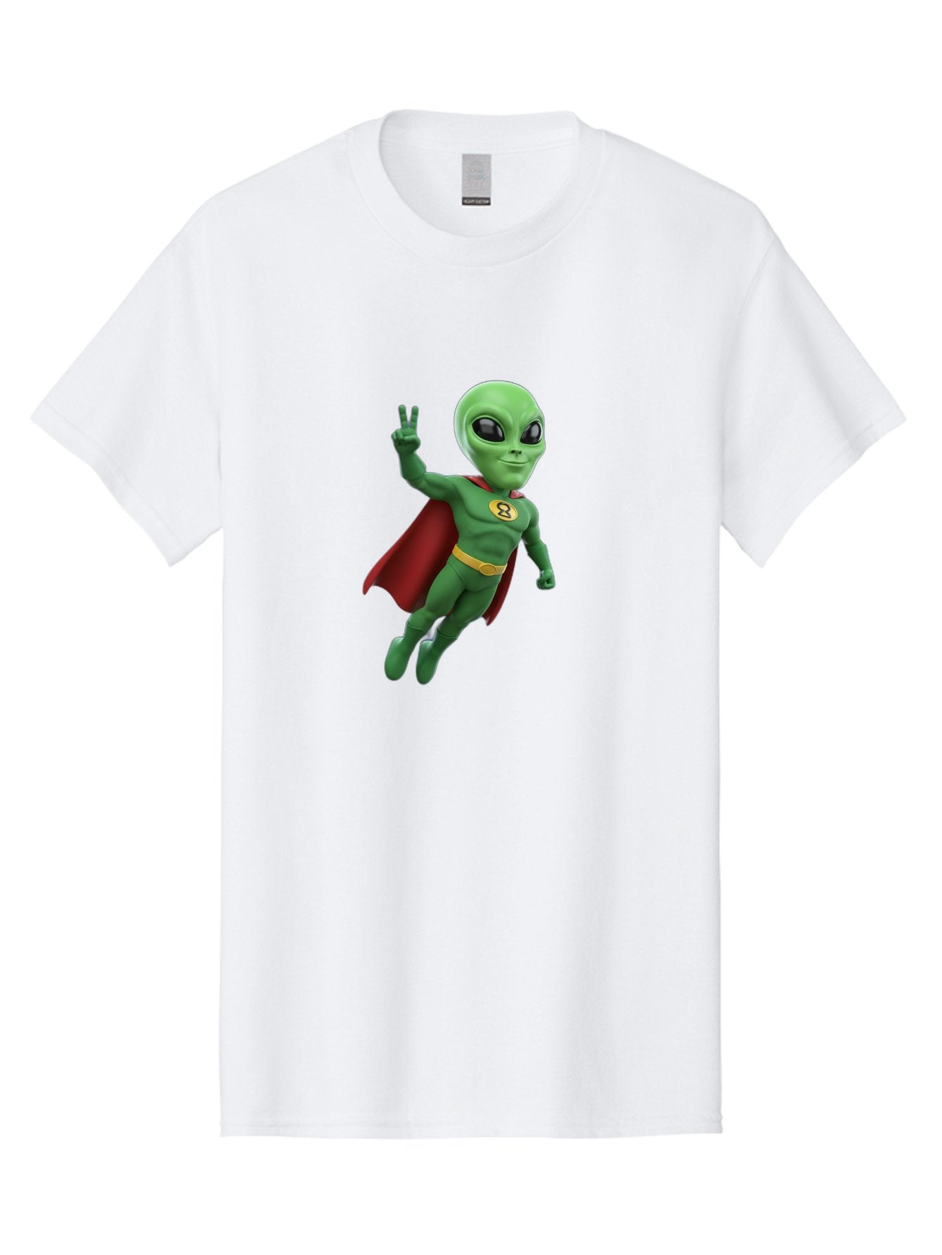 Alien-Superhero Men'S Graphic Tee, 100% Cotton, Comfortable Casual Summer Wear, Machine Washable, Cartoon Alien, Superhero Costume, Red Cape, Yellow Belt, Peace Sign, Green Alien, Superhero Emblem, Cartoon Character, 3D Illustration, Bab634 5