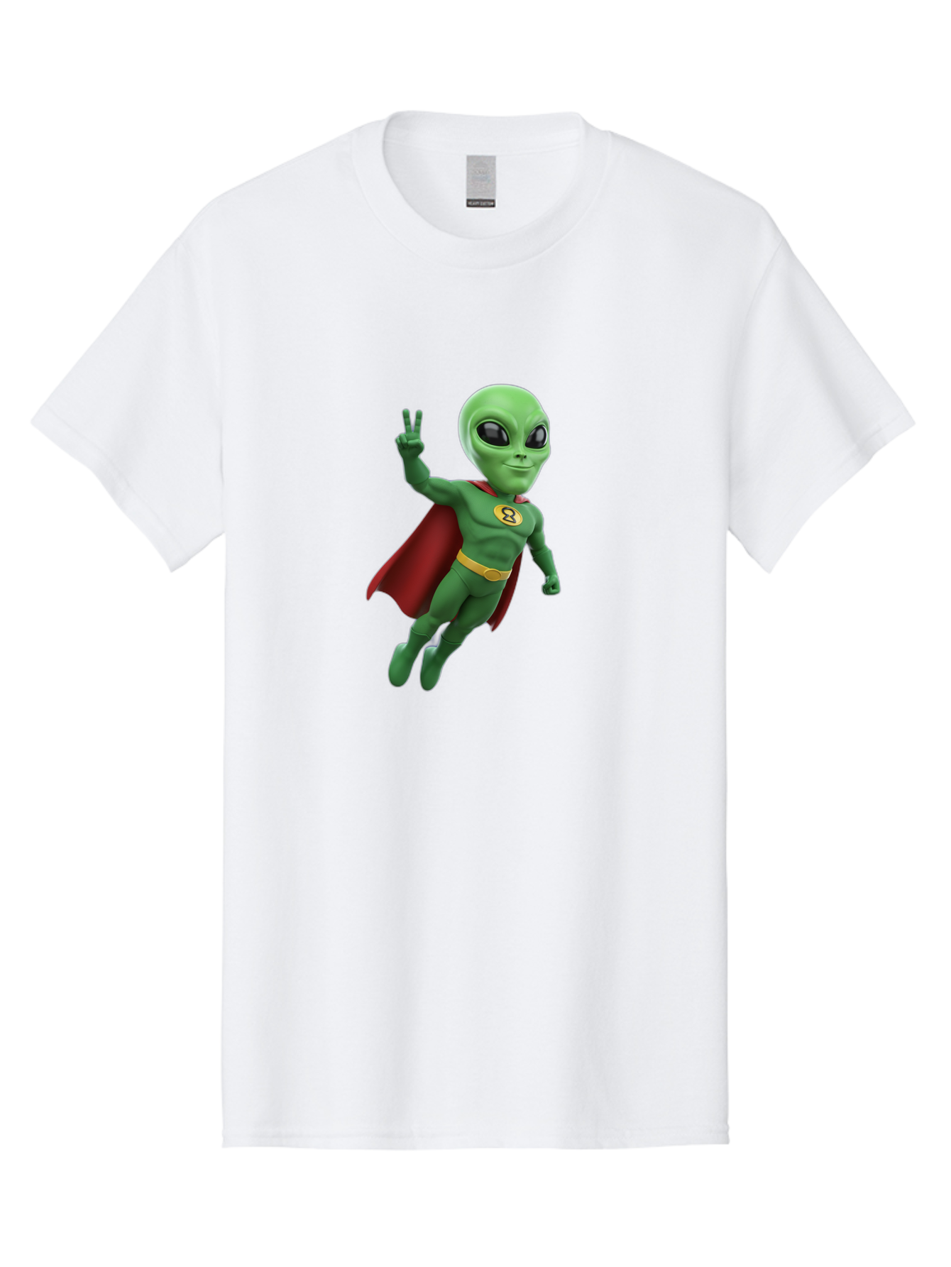 Alien-Superhero Men'S Graphic Tee, 100% Cotton, Comfortable Casual Summer Wear, Machine Washable, Cartoon Alien, Superhero Costume, Red Cape, Yellow Belt, Peace Sign, Green Alien, Superhero Emblem, Cartoon Character, 3D Illustration, Bab634 8
