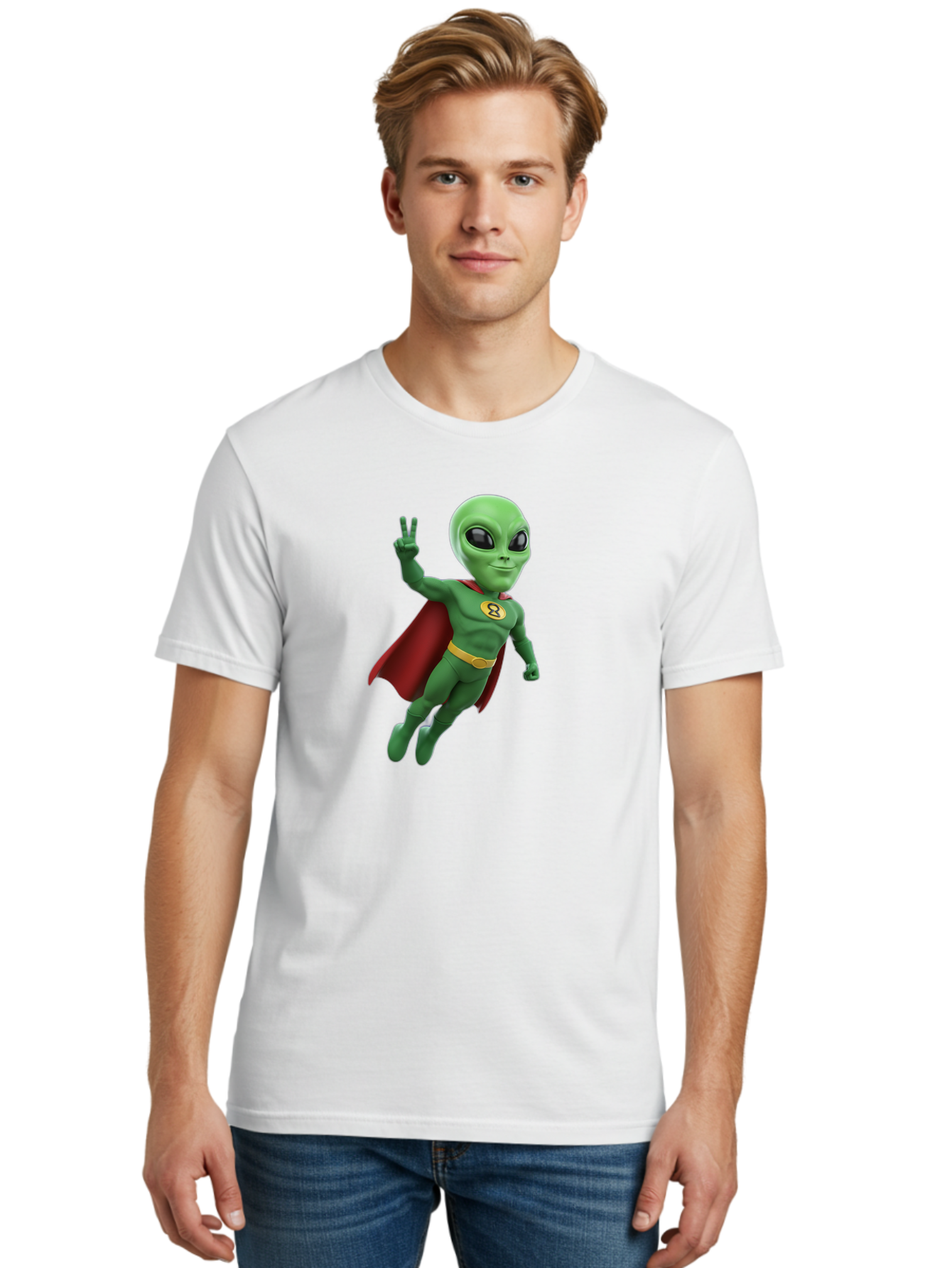 Alien-Superhero Men'S Graphic Tee, 100% Cotton, Comfortable Casual Summer Wear, Machine Washable, Cartoon Alien, Superhero Costume, Red Cape, Yellow Belt, Peace Sign, Green Alien, Superhero Emblem, Cartoon Character, 3D Illustration, Bab634 23