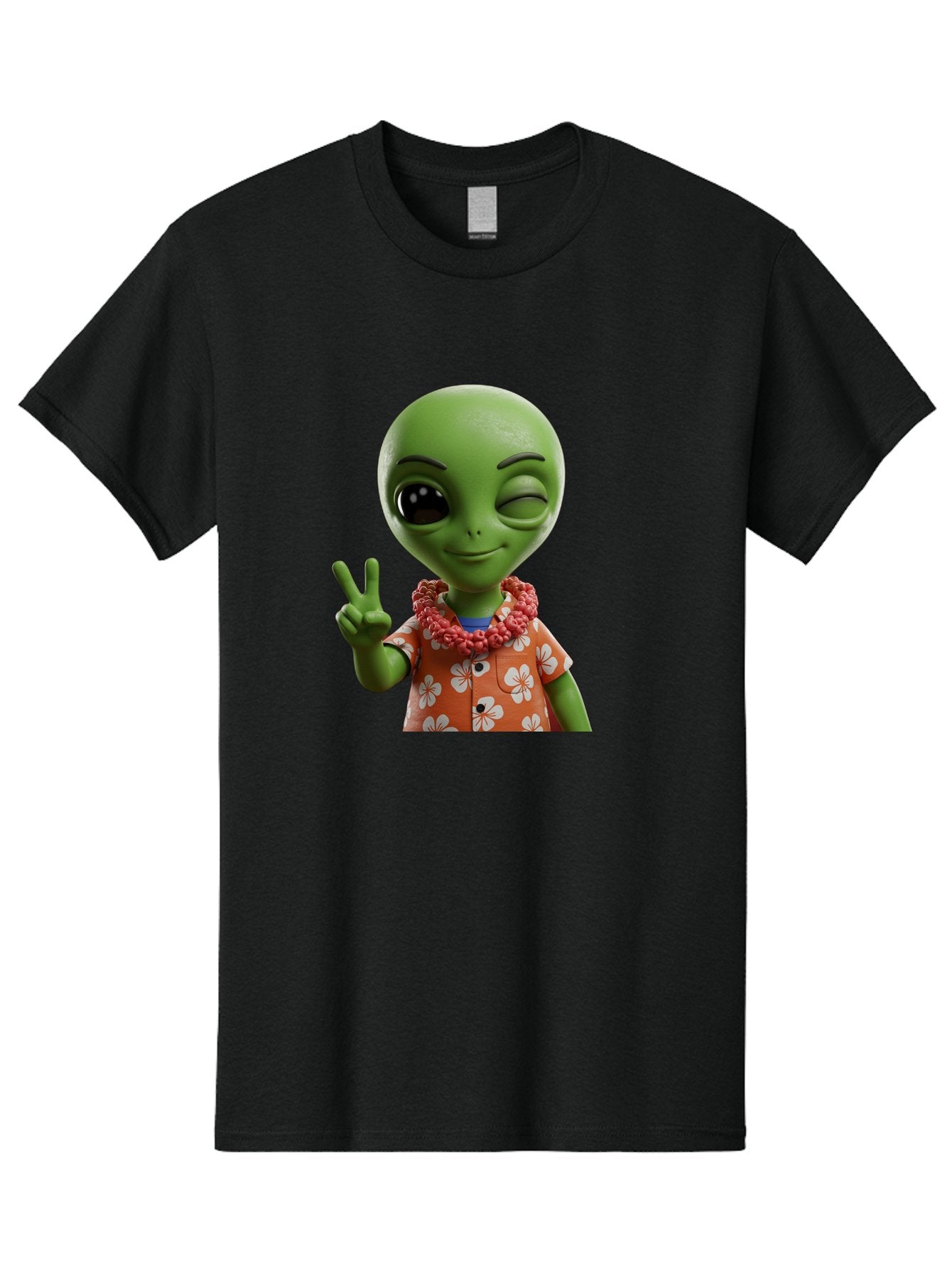 Alien Men'S Graphic Tee, 100% Cotton, Comfortable Casual Summer Wear, Machine Washable, Cartoon Alien, Peace Sign, Hawaiian Shirt, Floral Pattern, Relaxed Vibe, Friendly Demeanor, Extraterrestrial Fun, Playful Gesture, Tropical Feel, Bab636 8