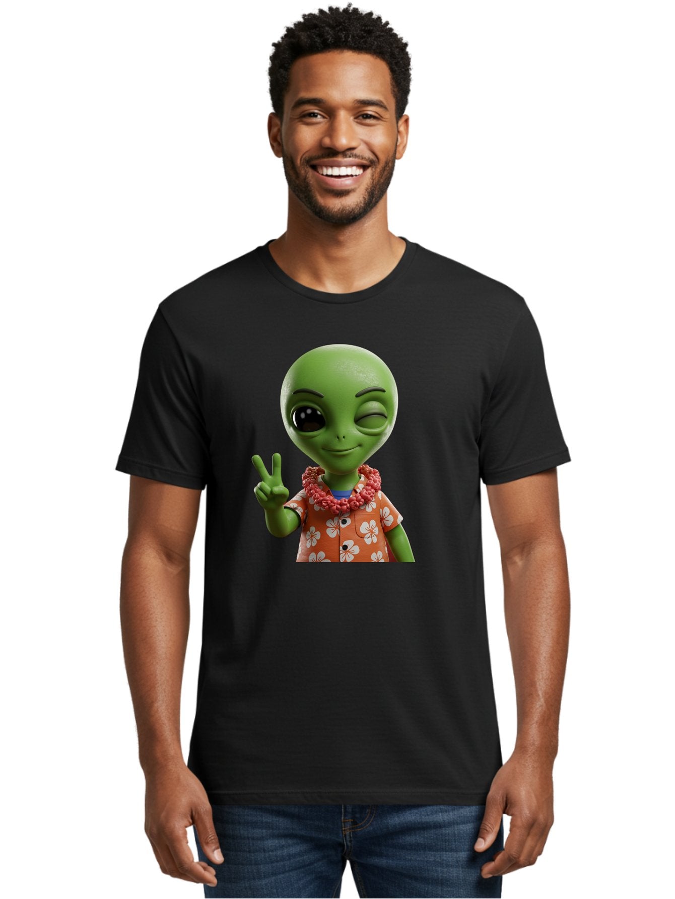 Alien Men'S Graphic Tee, 100% Cotton, Comfortable Casual Summer Wear, Machine Washable, Cartoon Alien, Peace Sign, Hawaiian Shirt, Floral Pattern, Relaxed Vibe, Friendly Demeanor, Extraterrestrial Fun, Playful Gesture, Tropical Feel, Bab636 25