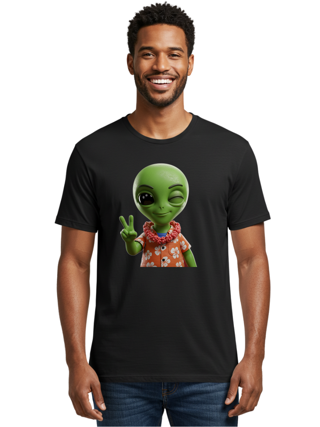 Alien Men'S Graphic Tee, 100% Cotton, Comfortable Casual Summer Wear, Machine Washable, Cartoon Alien, Peace Sign, Hawaiian Shirt, Floral Pattern, Relaxed Vibe, Friendly Demeanor, Extraterrestrial Fun, Playful Gesture, Tropical Feel, Bab636 21