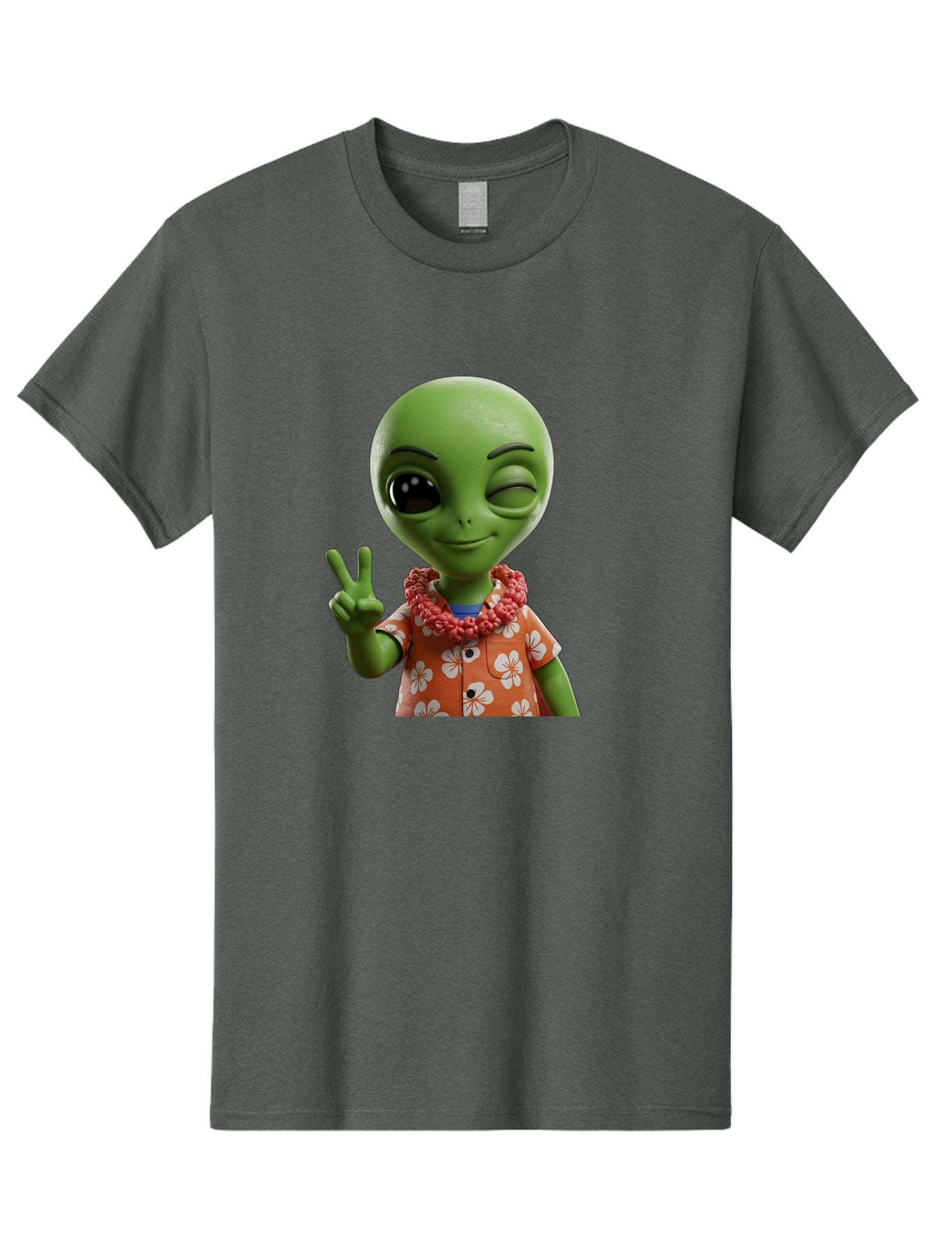 Alien Men'S Graphic Tee, 100% Cotton, Comfortable Casual Summer Wear, Machine Washable, Cartoon Alien, Peace Sign, Hawaiian Shirt, Floral Pattern, Relaxed Vibe, Friendly Demeanor, Extraterrestrial Fun, Playful Gesture, Tropical Feel, Bab636 6
