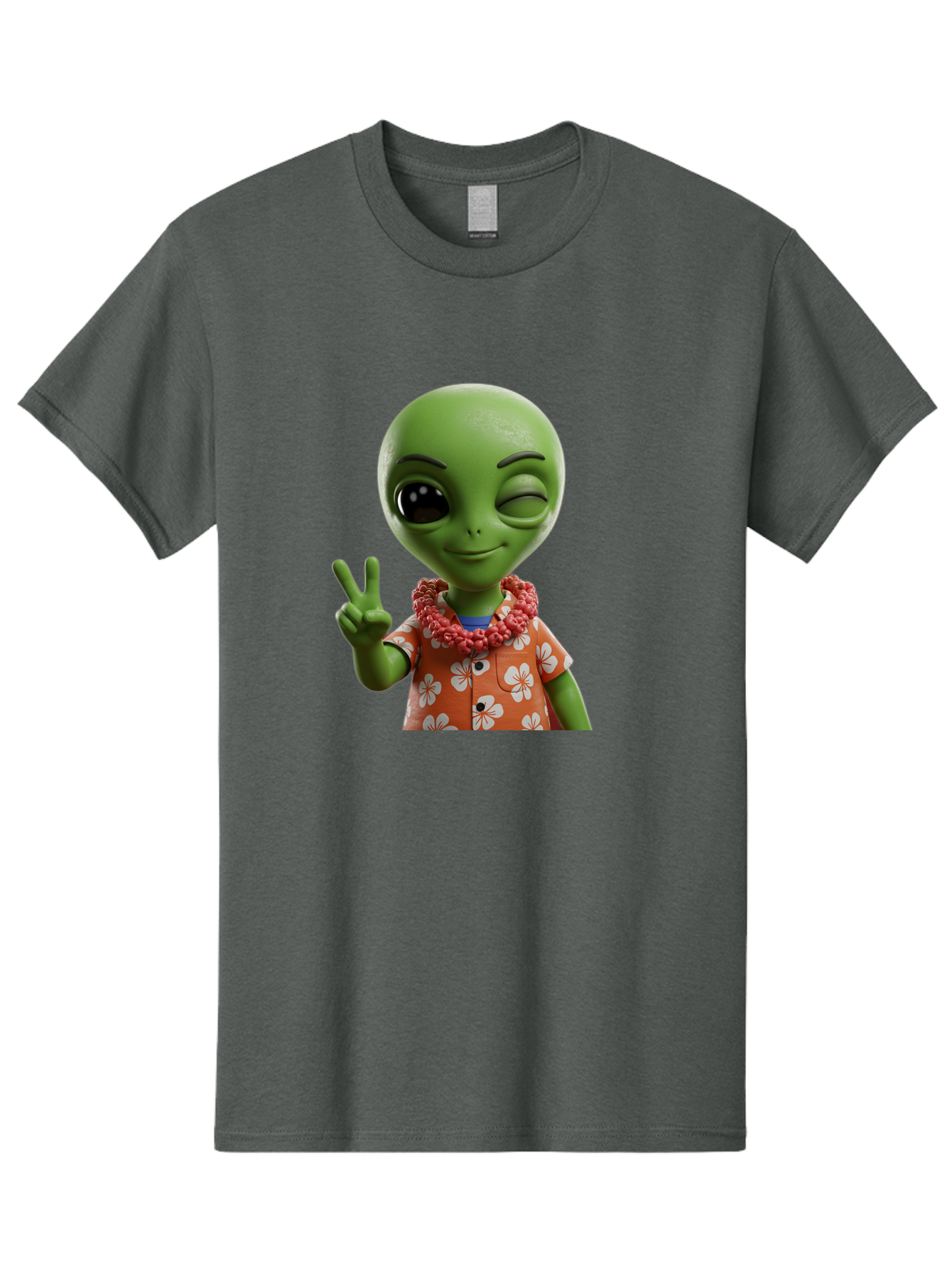 Alien Men'S Graphic Tee, 100% Cotton, Comfortable Casual Summer Wear, Machine Washable, Cartoon Alien, Peace Sign, Hawaiian Shirt, Floral Pattern, Relaxed Vibe, Friendly Demeanor, Extraterrestrial Fun, Playful Gesture, Tropical Feel, Bab636 7