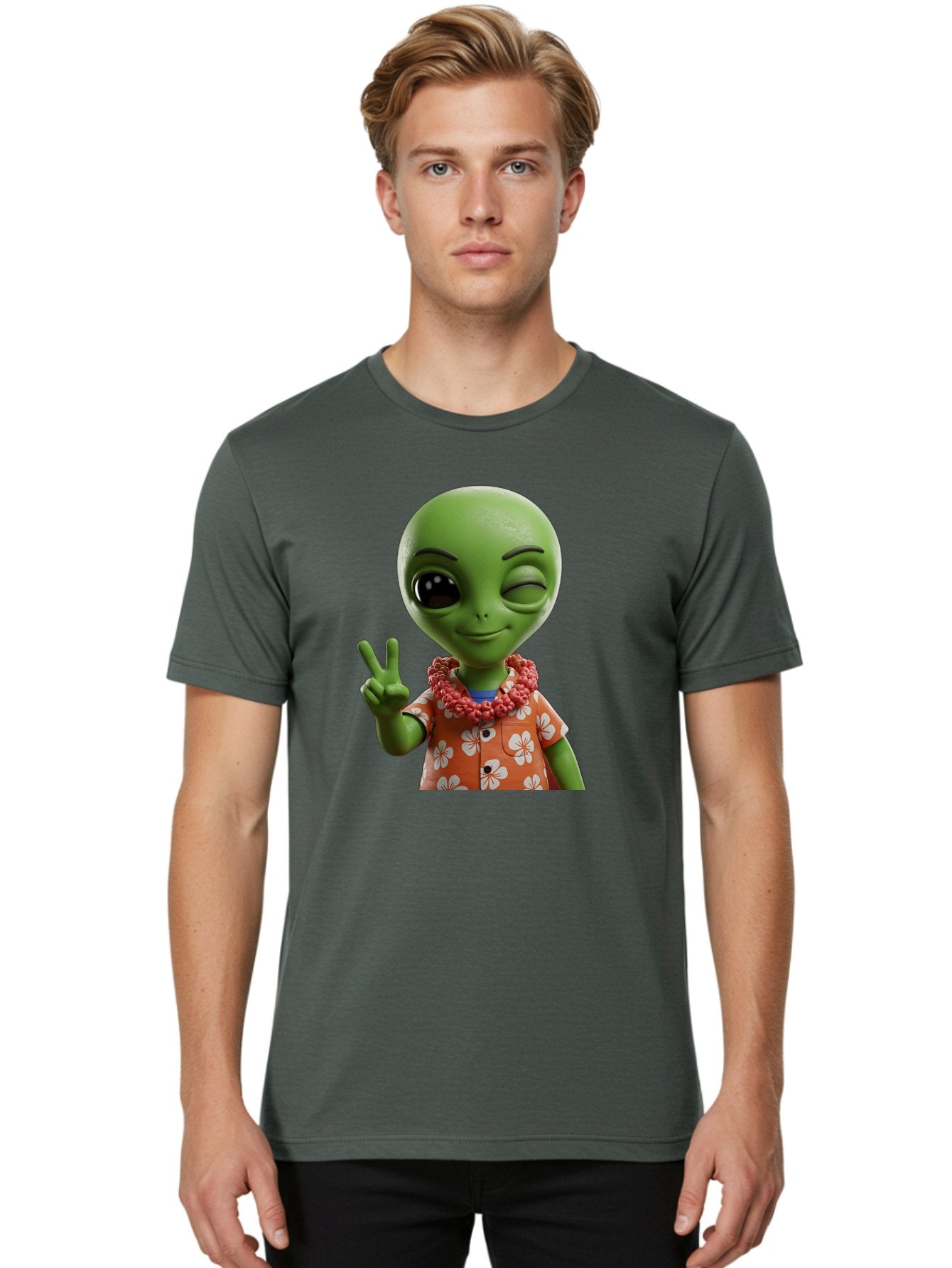 Alien Men'S Graphic Tee, 100% Cotton, Comfortable Casual Summer Wear, Machine Washable, Cartoon Alien, Peace Sign, Hawaiian Shirt, Floral Pattern, Relaxed Vibe, Friendly Demeanor, Extraterrestrial Fun, Playful Gesture, Tropical Feel, Bab636 24