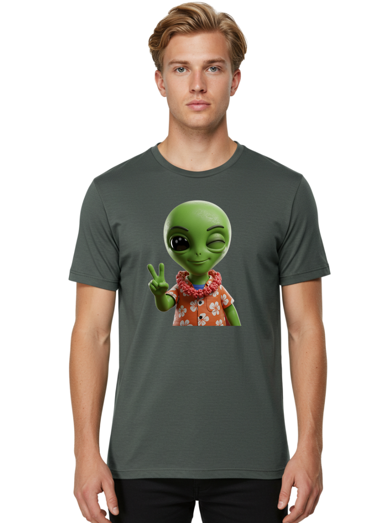 Alien Men'S Graphic Tee, 100% Cotton, Comfortable Casual Summer Wear, Machine Washable, Cartoon Alien, Peace Sign, Hawaiian Shirt, Floral Pattern, Relaxed Vibe, Friendly Demeanor, Extraterrestrial Fun, Playful Gesture, Tropical Feel, Bab636 22