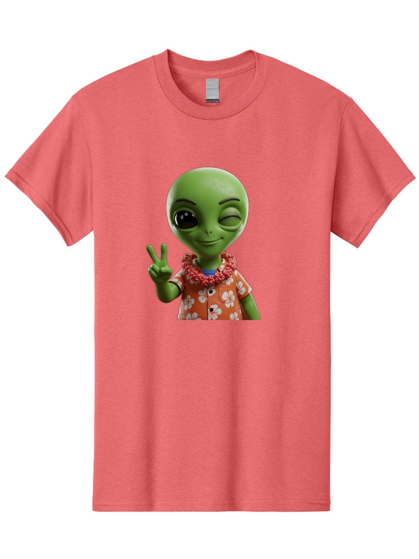 Alien Men'S Graphic Tee, 100% Cotton, Comfortable Casual Summer Wear, Machine Washable, Cartoon Alien, Peace Sign, Hawaiian Shirt, Floral Pattern, Relaxed Vibe, Friendly Demeanor, Extraterrestrial Fun, Playful Gesture, Tropical Feel, Bab636 13