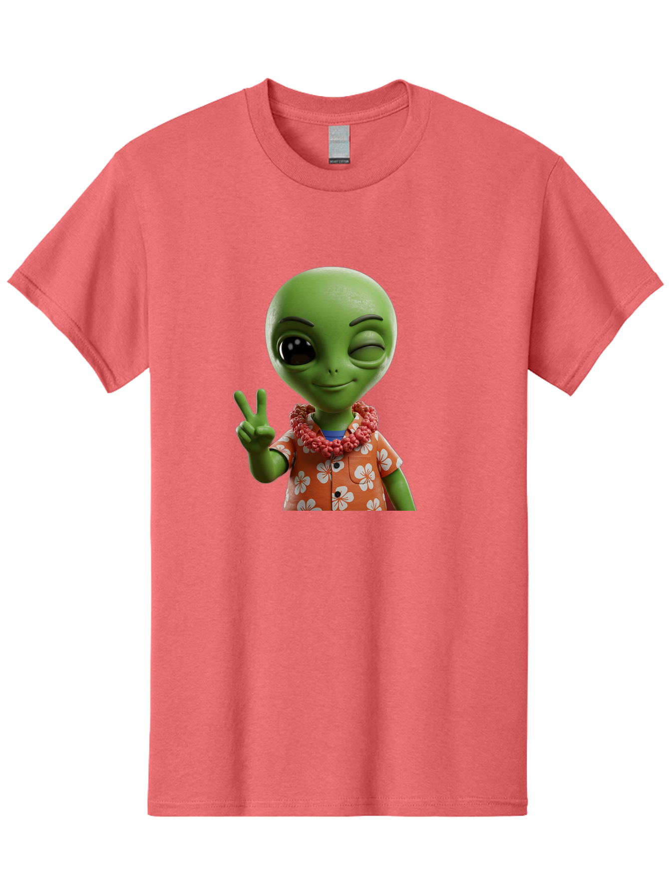Alien Men'S Graphic Tee, 100% Cotton, Comfortable Casual Summer Wear, Machine Washable, Cartoon Alien, Peace Sign, Hawaiian Shirt, Floral Pattern, Relaxed Vibe, Friendly Demeanor, Extraterrestrial Fun, Playful Gesture, Tropical Feel, Bab636 15