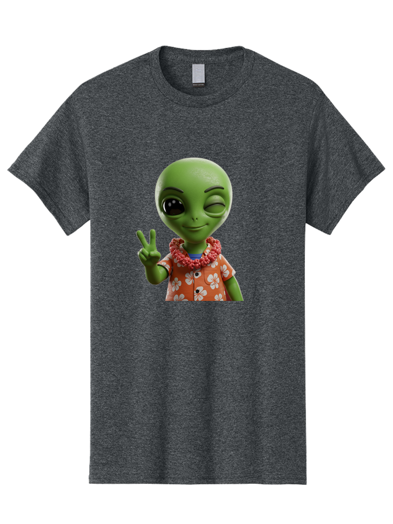 Alien Men'S Graphic Tee, 100% Cotton, Comfortable Casual Summer Wear, Machine Washable, Cartoon Alien, Peace Sign, Hawaiian Shirt, Floral Pattern, Relaxed Vibe, Friendly Demeanor, Extraterrestrial Fun, Playful Gesture, Tropical Feel, Bab636
