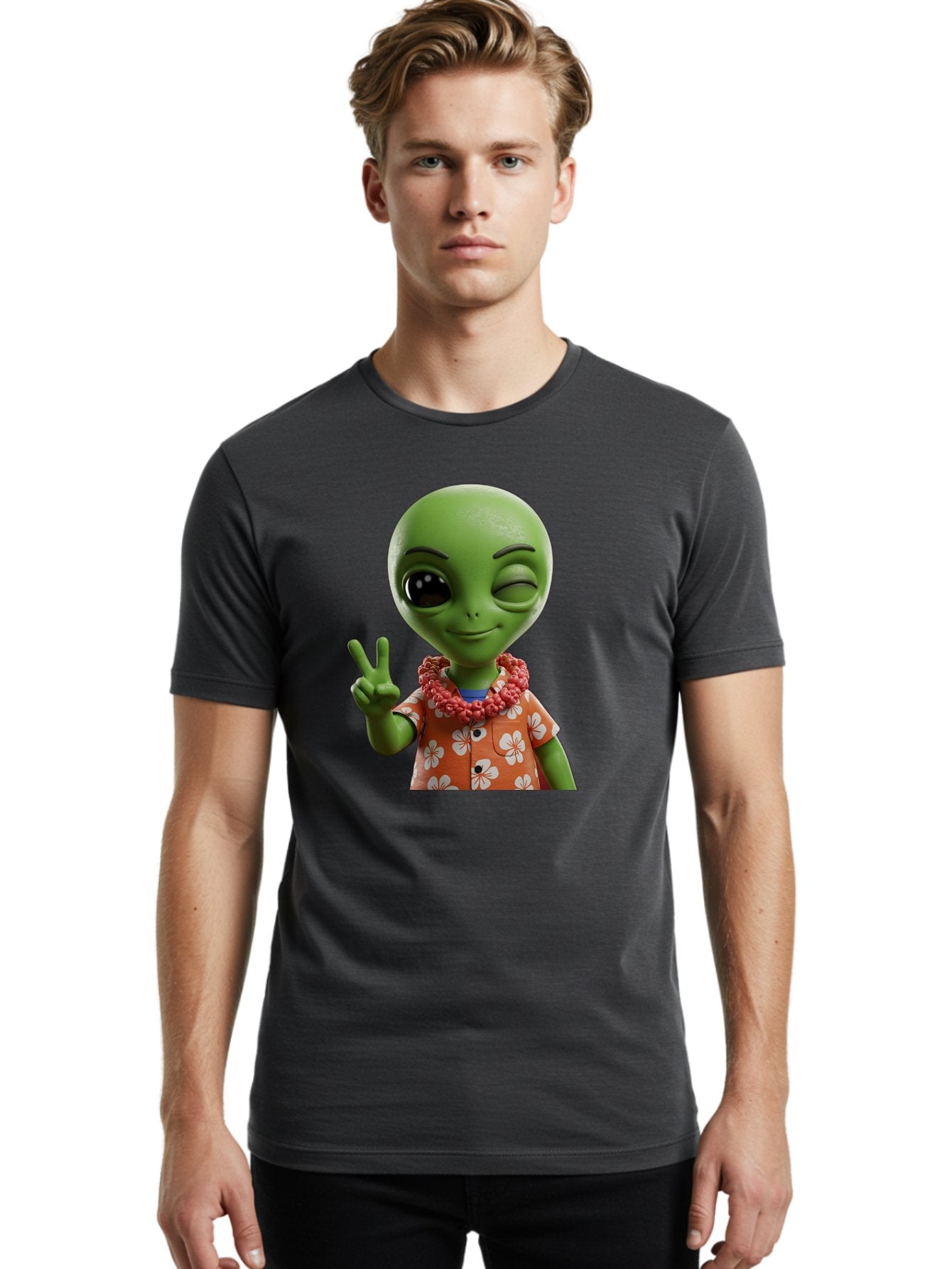 Alien Men'S Graphic Tee, 100% Cotton, Comfortable Casual Summer Wear, Machine Washable, Cartoon Alien, Peace Sign, Hawaiian Shirt, Floral Pattern, Relaxed Vibe, Friendly Demeanor, Extraterrestrial Fun, Playful Gesture, Tropical Feel, Bab636 30
