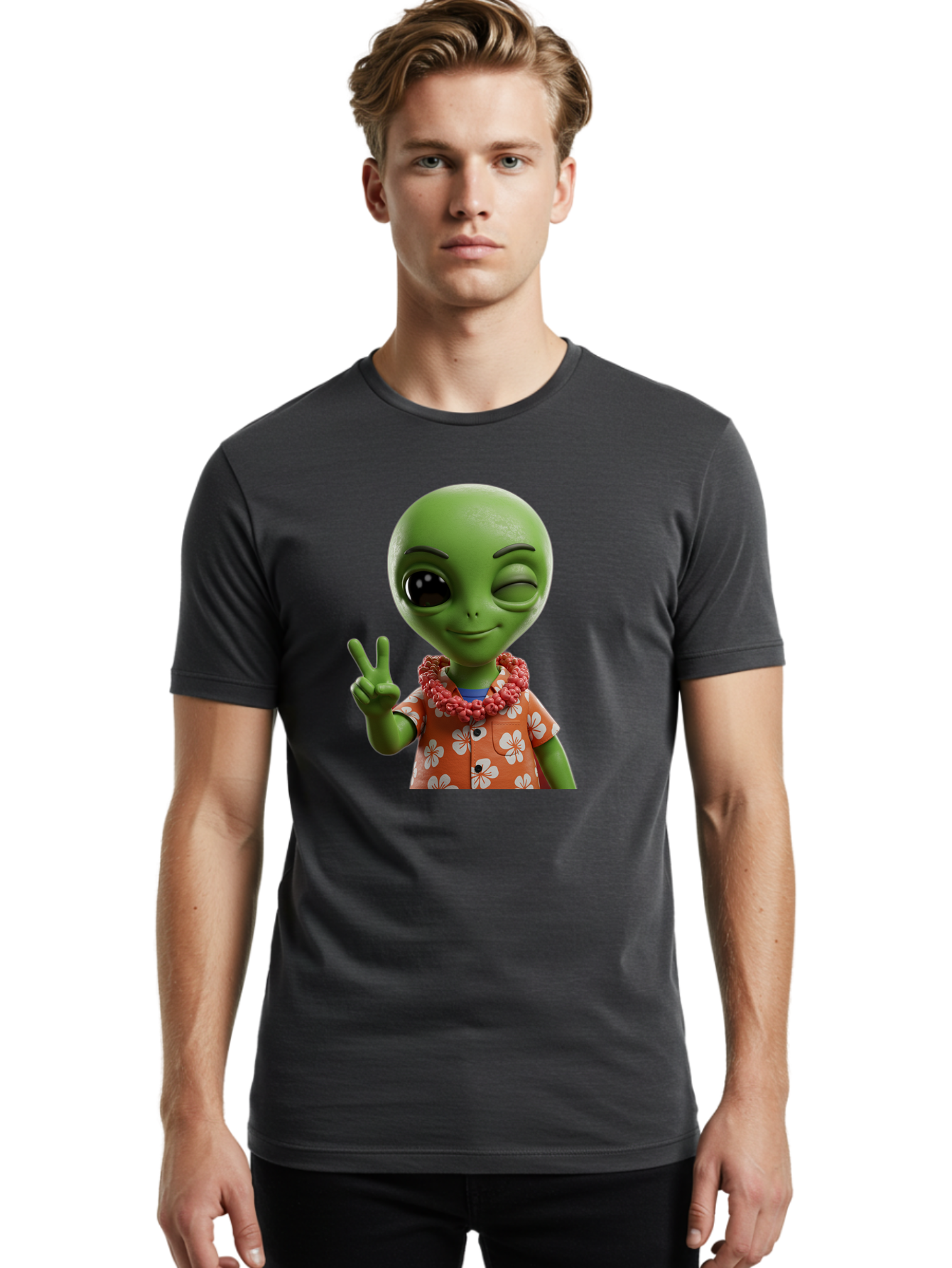 Alien Men'S Graphic Tee, 100% Cotton, Comfortable Casual Summer Wear, Machine Washable, Cartoon Alien, Peace Sign, Hawaiian Shirt, Floral Pattern, Relaxed Vibe, Friendly Demeanor, Extraterrestrial Fun, Playful Gesture, Tropical Feel, Bab636 16