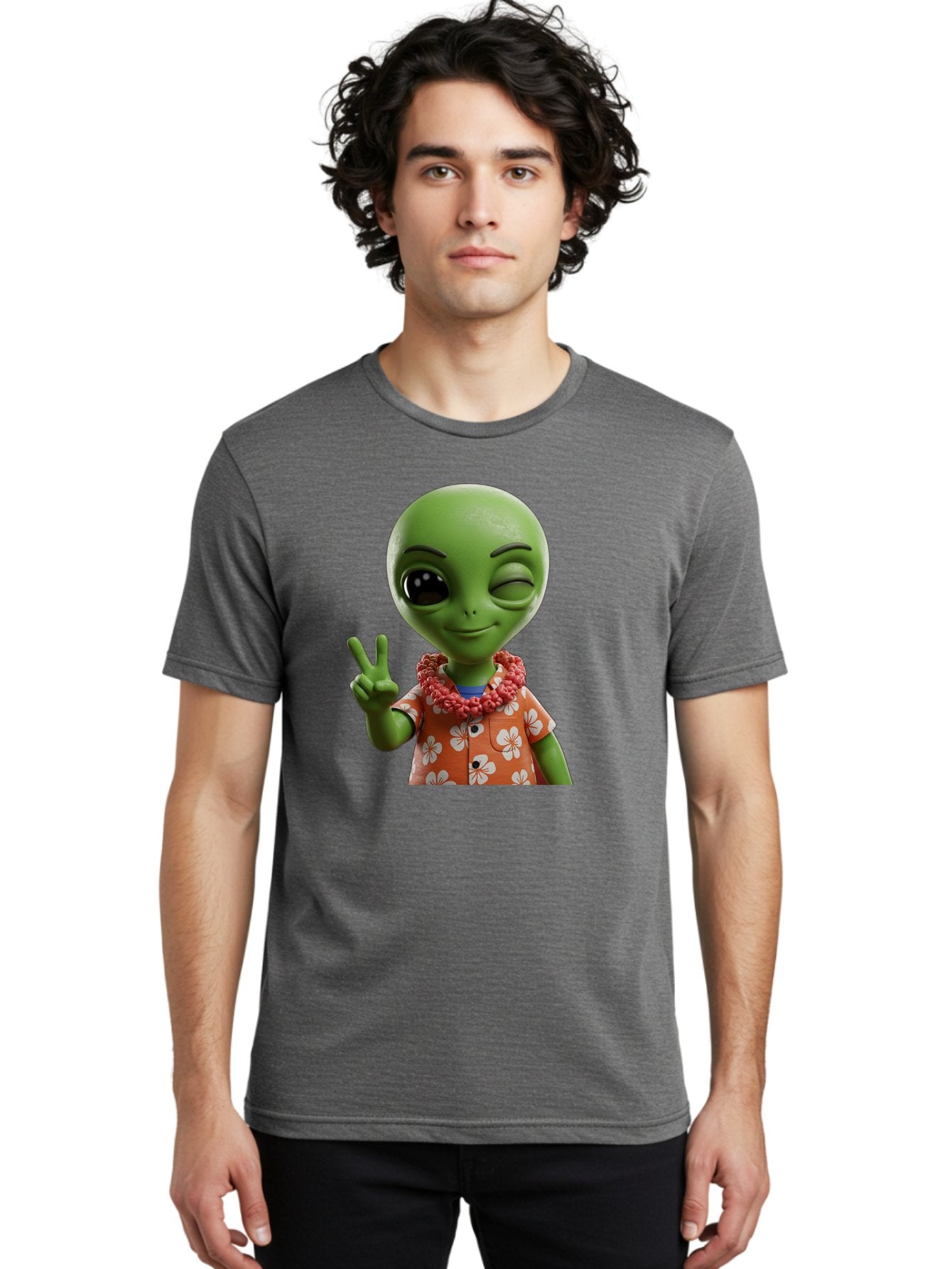 Alien Men'S Graphic Tee, 100% Cotton, Comfortable Casual Summer Wear, Machine Washable, Cartoon Alien, Peace Sign, Hawaiian Shirt, Floral Pattern, Relaxed Vibe, Friendly Demeanor, Extraterrestrial Fun, Playful Gesture, Tropical Feel, Bab636 18