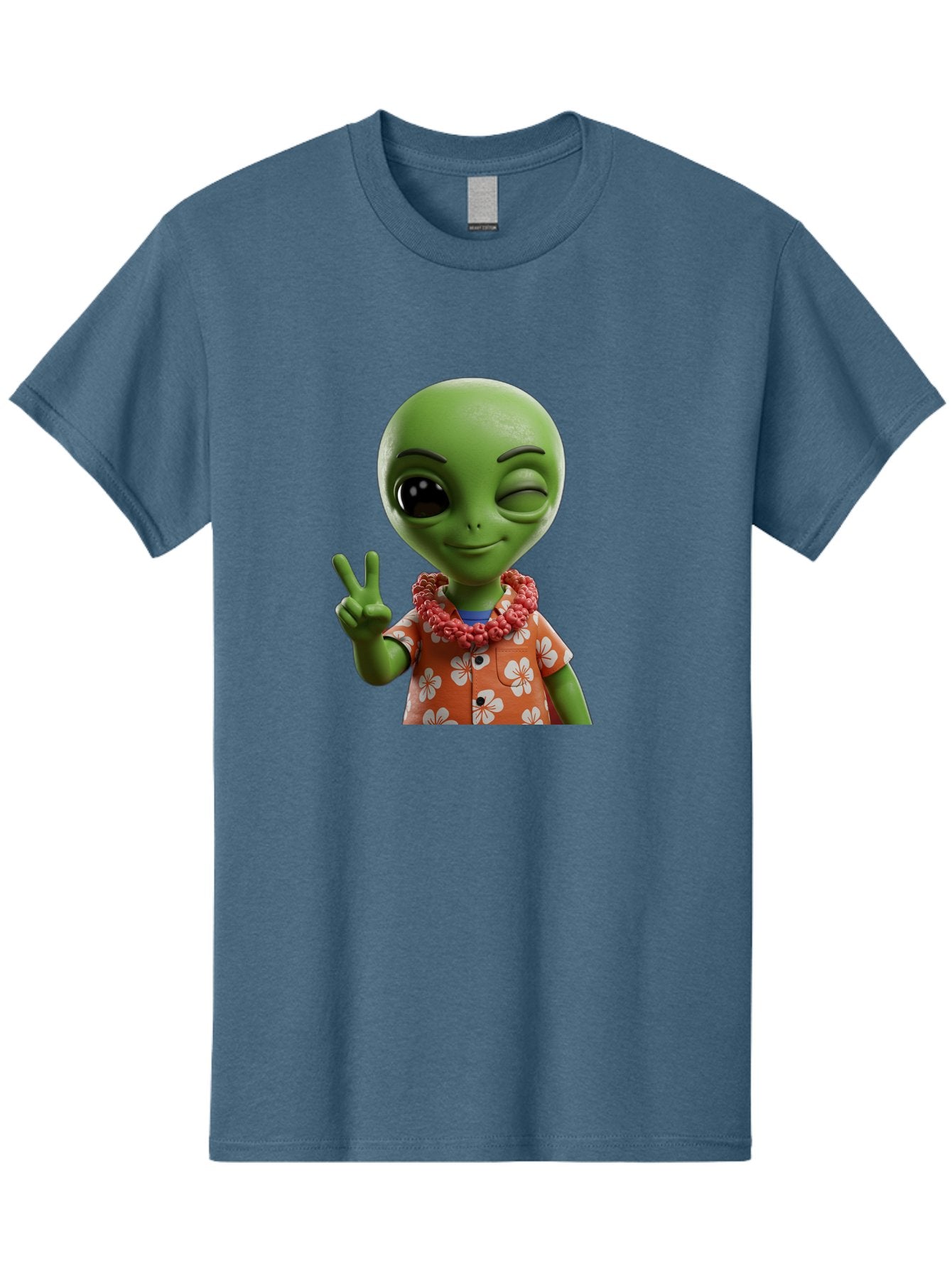 Alien Men'S Graphic Tee, 100% Cotton, Comfortable Casual Summer Wear, Machine Washable, Cartoon Alien, Peace Sign, Hawaiian Shirt, Floral Pattern, Relaxed Vibe, Friendly Demeanor, Extraterrestrial Fun, Playful Gesture, Tropical Feel, Bab636 12