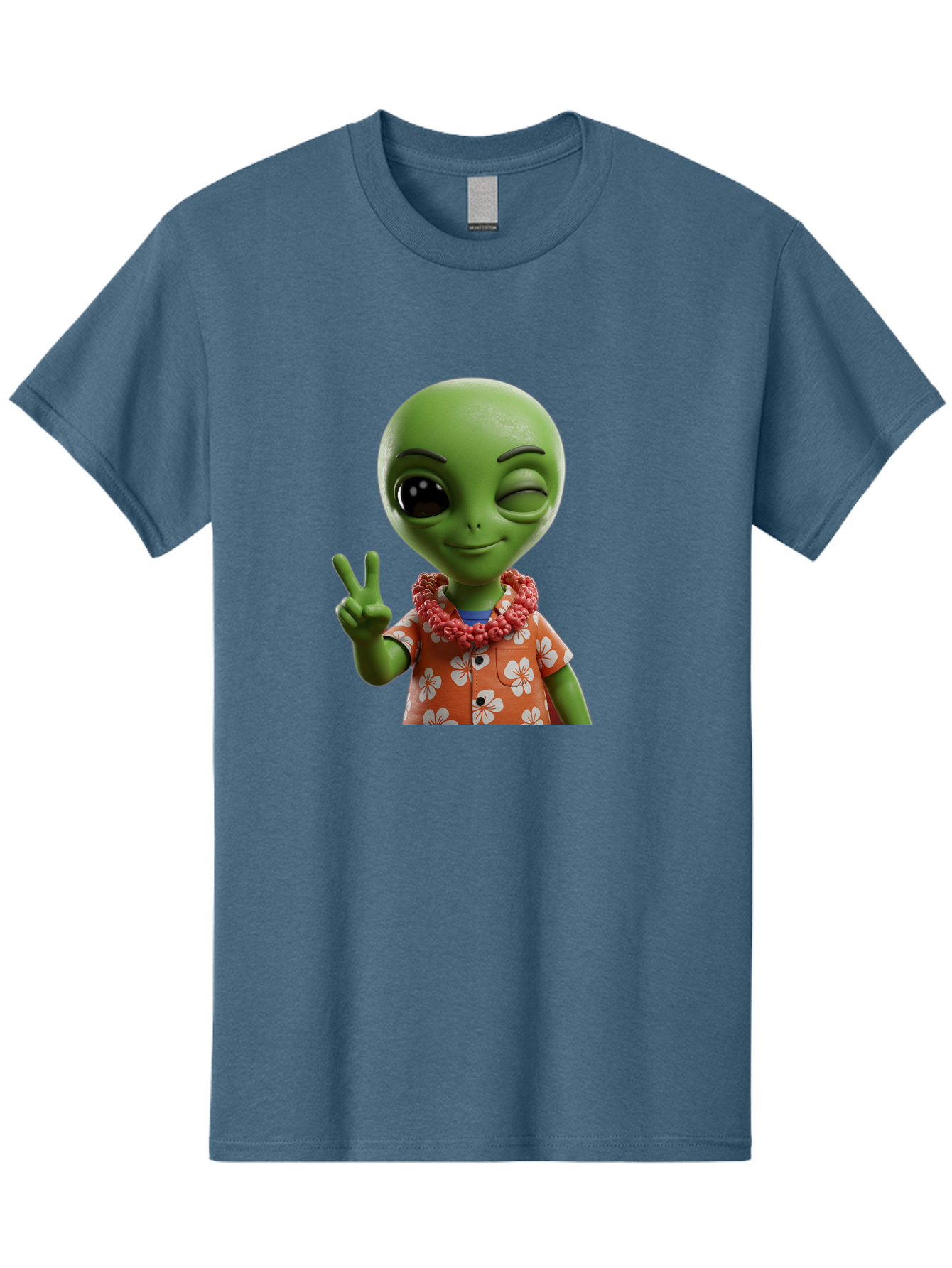 Alien Men'S Graphic Tee, 100% Cotton, Comfortable Casual Summer Wear, Machine Washable, Cartoon Alien, Peace Sign, Hawaiian Shirt, Floral Pattern, Relaxed Vibe, Friendly Demeanor, Extraterrestrial Fun, Playful Gesture, Tropical Feel, Bab636 3