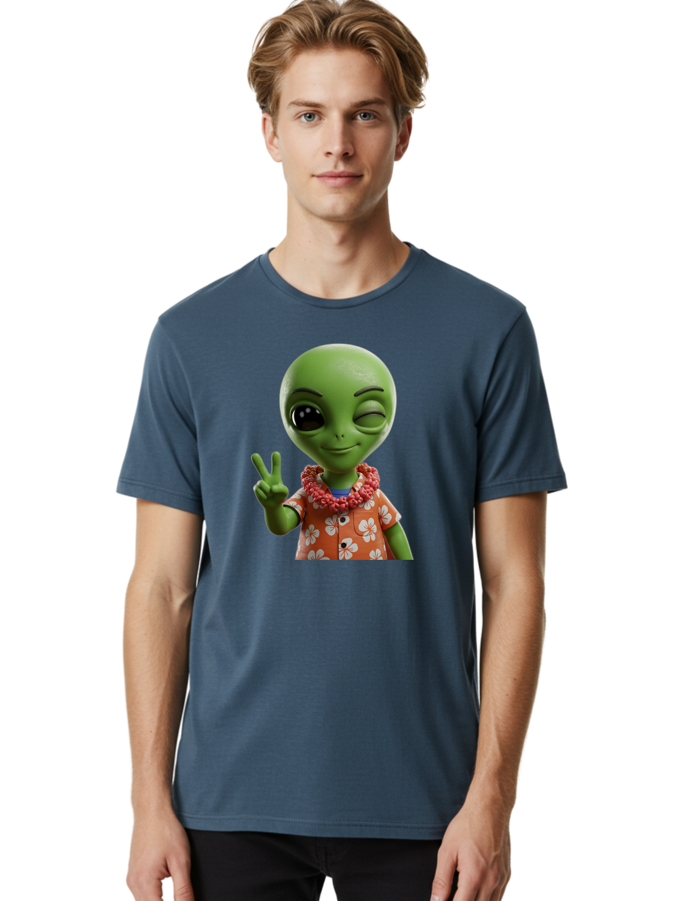 Alien Men'S Graphic Tee, 100% Cotton, Comfortable Casual Summer Wear, Machine Washable, Cartoon Alien, Peace Sign, Hawaiian Shirt, Floral Pattern, Relaxed Vibe, Friendly Demeanor, Extraterrestrial Fun, Playful Gesture, Tropical Feel, Bab636 18