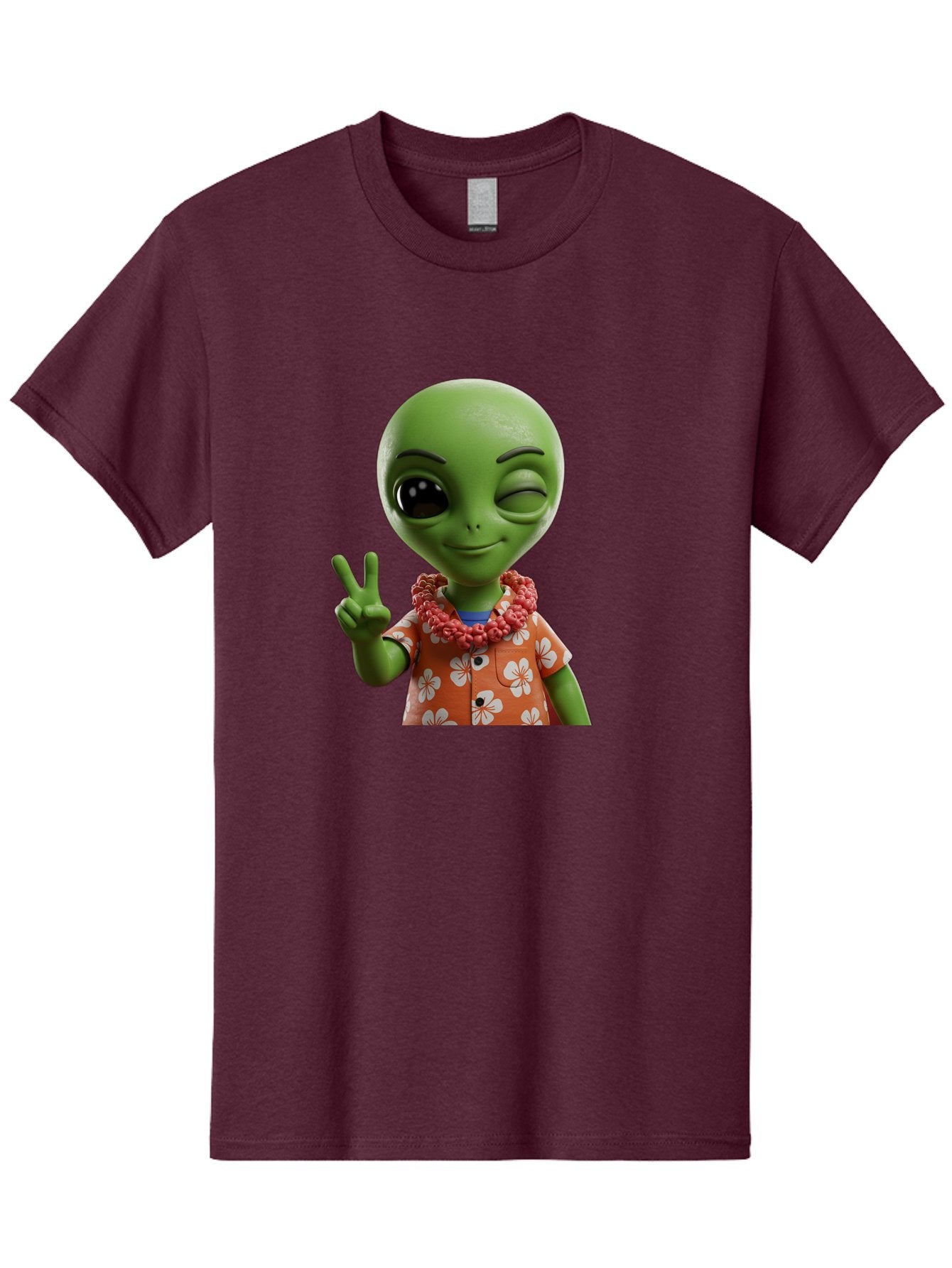 Alien Men'S Graphic Tee, 100% Cotton, Comfortable Casual Summer Wear, Machine Washable, Cartoon Alien, Peace Sign, Hawaiian Shirt, Floral Pattern, Relaxed Vibe, Friendly Demeanor, Extraterrestrial Fun, Playful Gesture, Tropical Feel, Bab636