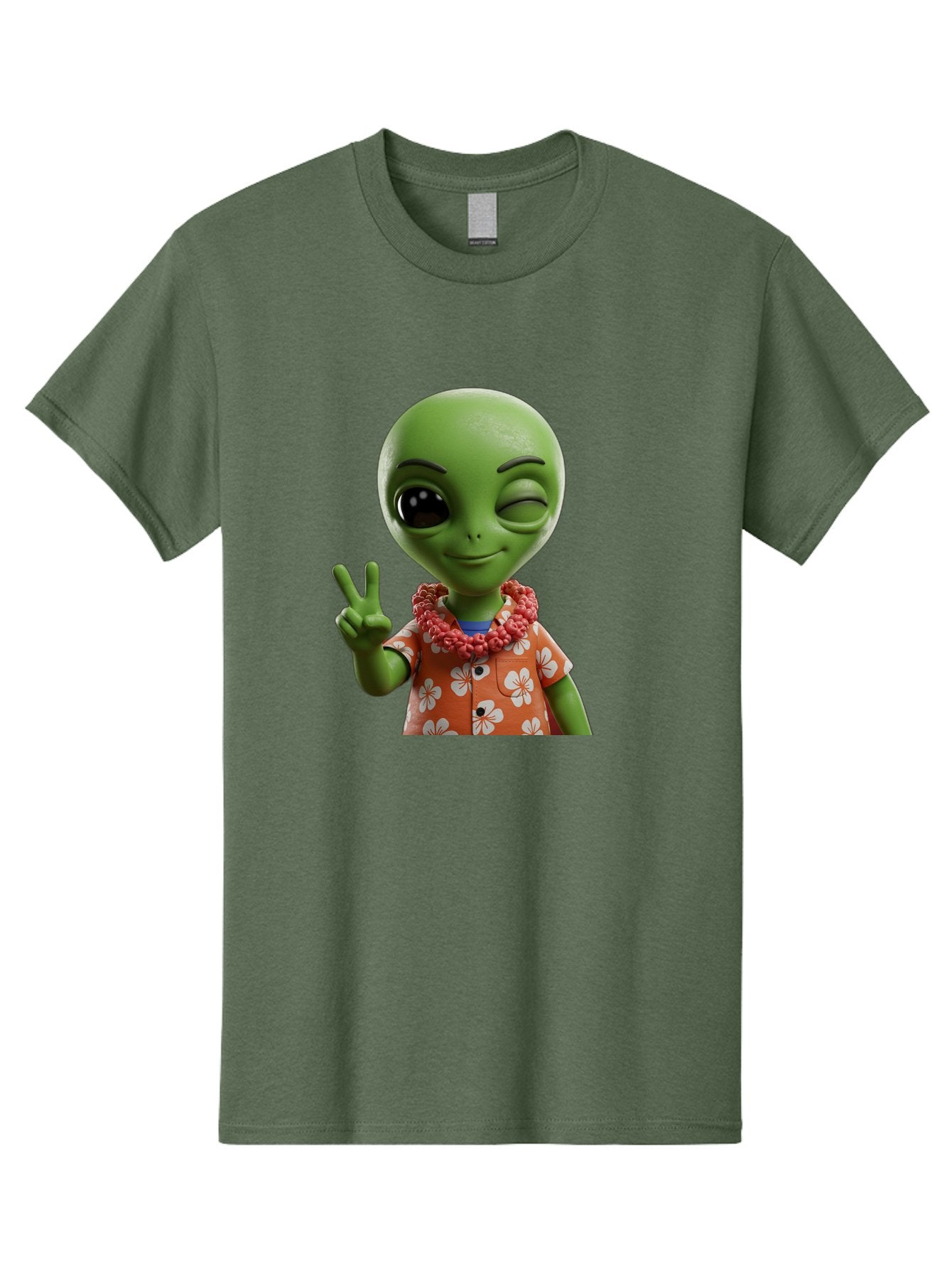 Alien Men'S Graphic Tee, 100% Cotton, Comfortable Casual Summer Wear, Machine Washable, Cartoon Alien, Peace Sign, Hawaiian Shirt, Floral Pattern, Relaxed Vibe, Friendly Demeanor, Extraterrestrial Fun, Playful Gesture, Tropical Feel, Bab636 14