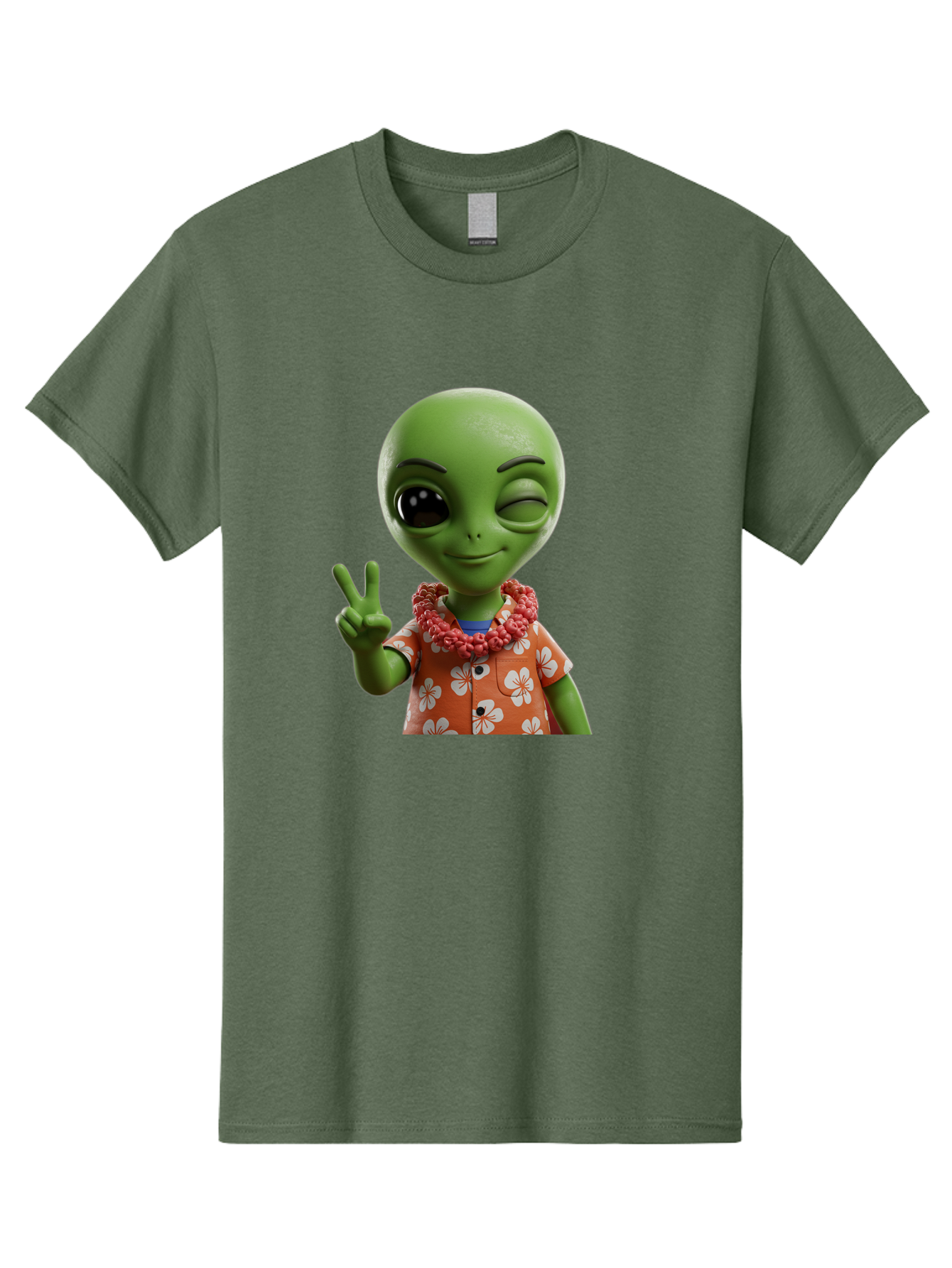 Alien Men'S Graphic Tee, 100% Cotton, Comfortable Casual Summer Wear, Machine Washable, Cartoon Alien, Peace Sign, Hawaiian Shirt, Floral Pattern, Relaxed Vibe, Friendly Demeanor, Extraterrestrial Fun, Playful Gesture, Tropical Feel, Bab636