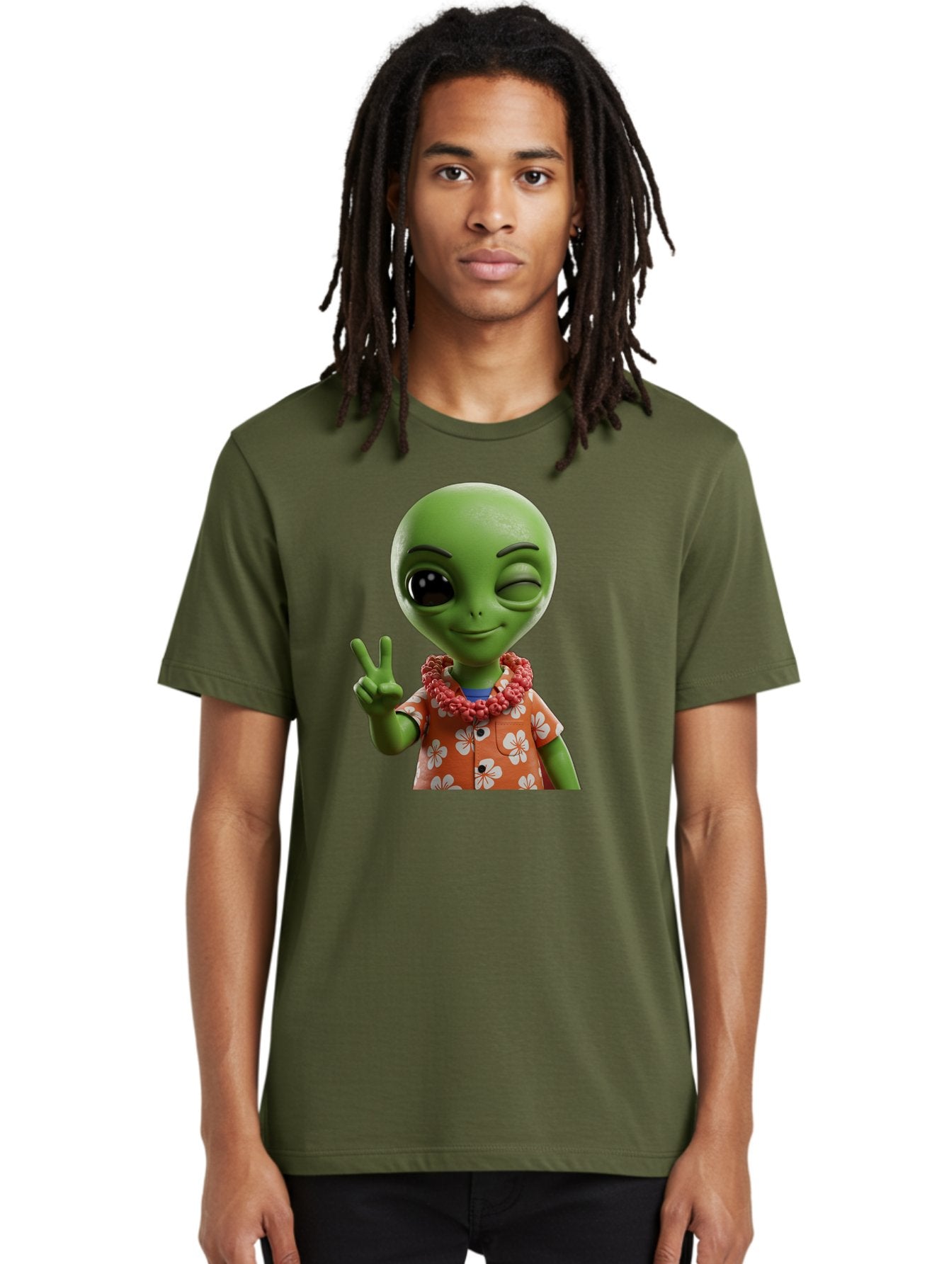 Alien Men'S Graphic Tee, 100% Cotton, Comfortable Casual Summer Wear, Machine Washable, Cartoon Alien, Peace Sign, Hawaiian Shirt, Floral Pattern, Relaxed Vibe, Friendly Demeanor, Extraterrestrial Fun, Playful Gesture, Tropical Feel, Bab636 29