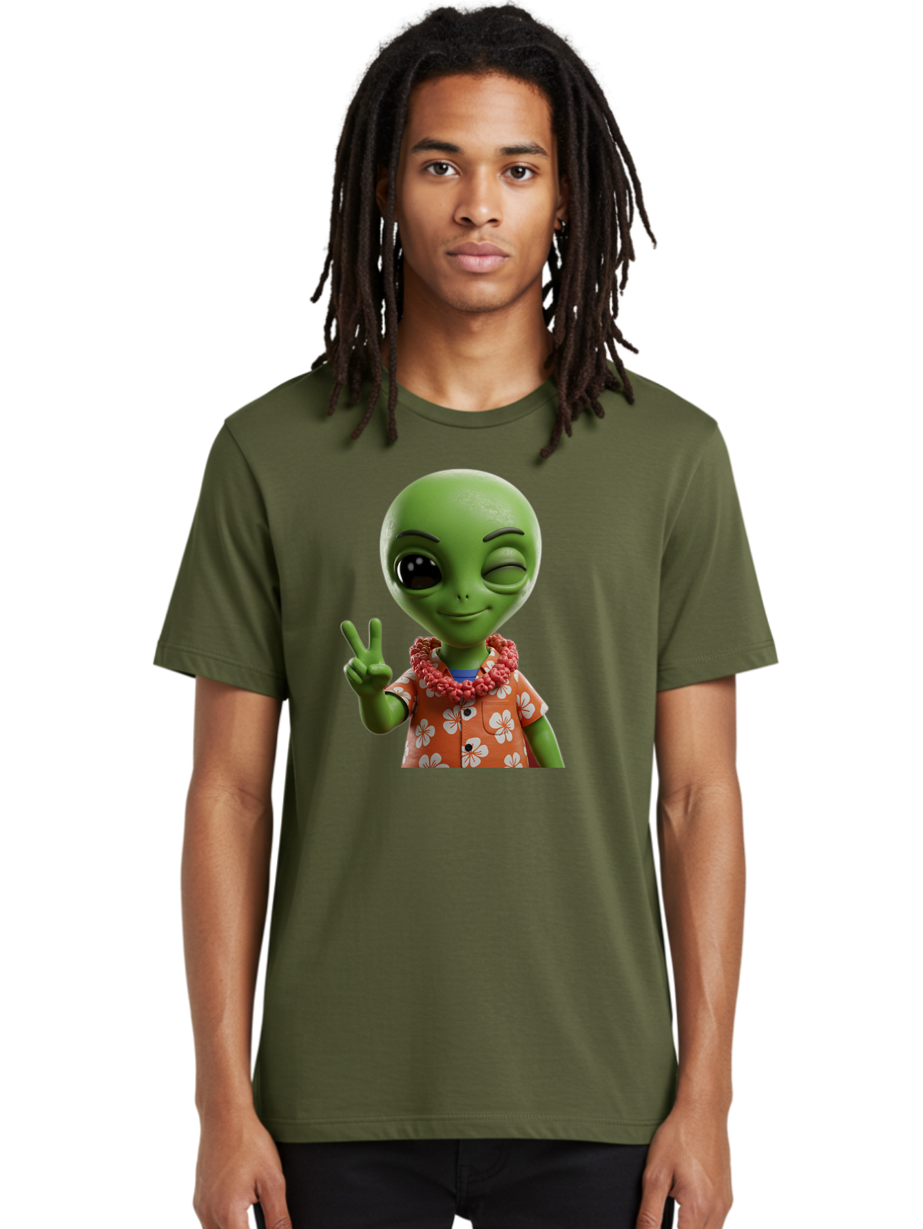 Alien Men'S Graphic Tee, 100% Cotton, Comfortable Casual Summer Wear, Machine Washable, Cartoon Alien, Peace Sign, Hawaiian Shirt, Floral Pattern, Relaxed Vibe, Friendly Demeanor, Extraterrestrial Fun, Playful Gesture, Tropical Feel, Bab636 17