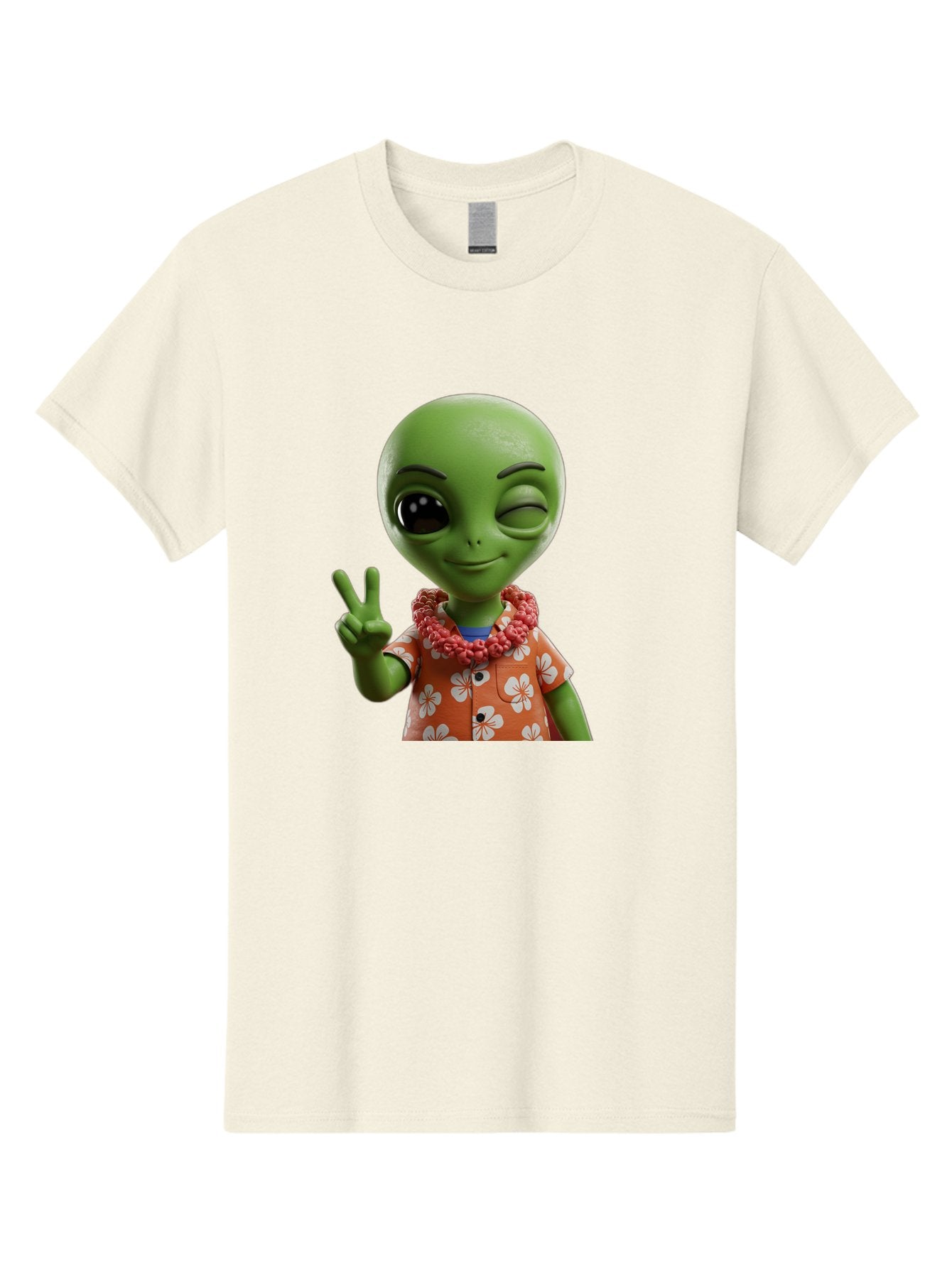 Alien Men'S Graphic Tee, 100% Cotton, Comfortable Casual Summer Wear, Machine Washable, Cartoon Alien, Peace Sign, Hawaiian Shirt, Floral Pattern, Relaxed Vibe, Friendly Demeanor, Extraterrestrial Fun, Playful Gesture, Tropical Feel, Bab636 9