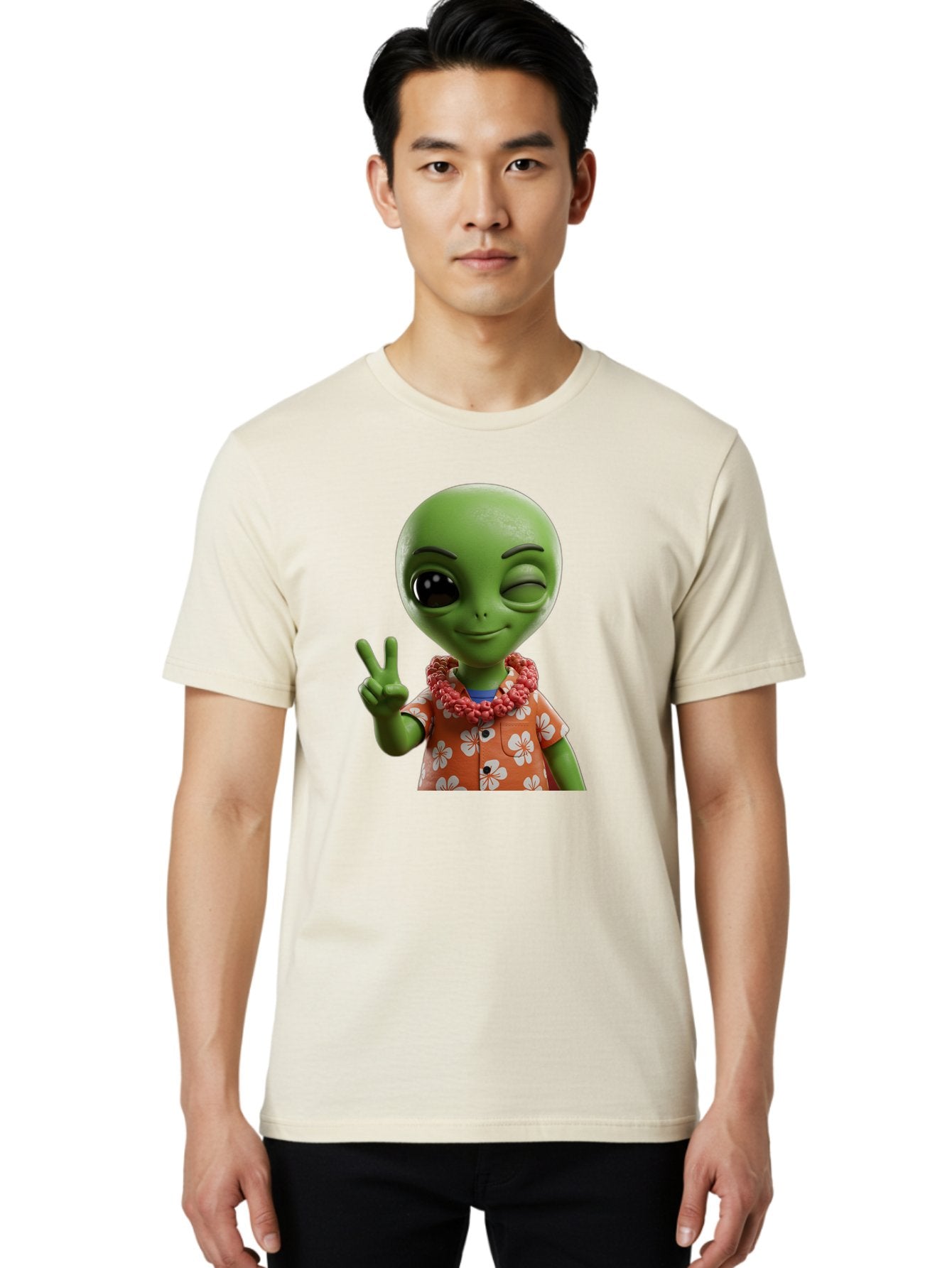 Alien Men'S Graphic Tee, 100% Cotton, Comfortable Casual Summer Wear, Machine Washable, Cartoon Alien, Peace Sign, Hawaiian Shirt, Floral Pattern, Relaxed Vibe, Friendly Demeanor, Extraterrestrial Fun, Playful Gesture, Tropical Feel, Bab636 26