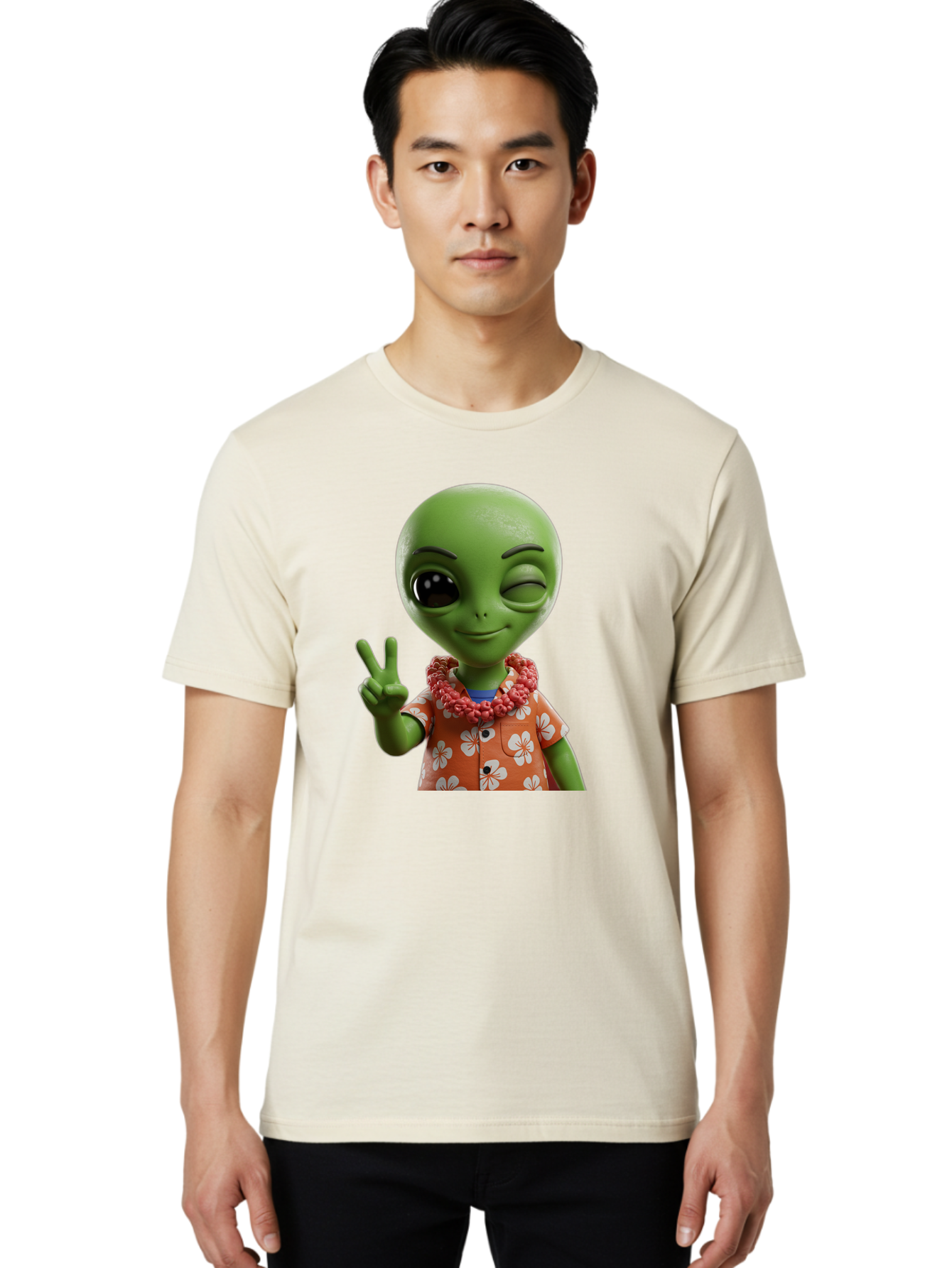 Alien Men'S Graphic Tee, 100% Cotton, Comfortable Casual Summer Wear, Machine Washable, Cartoon Alien, Peace Sign, Hawaiian Shirt, Floral Pattern, Relaxed Vibe, Friendly Demeanor, Extraterrestrial Fun, Playful Gesture, Tropical Feel, Bab636 20