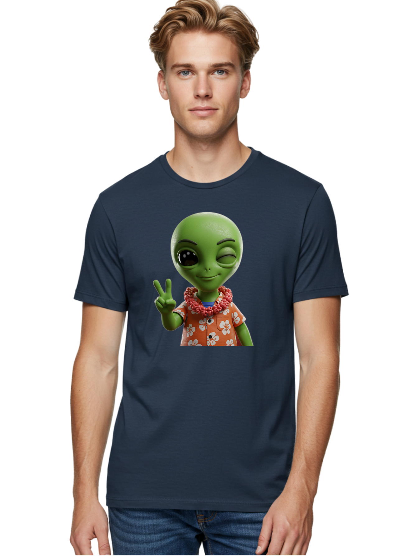 Alien Men'S Graphic Tee, 100% Cotton, Comfortable Casual Summer Wear, Machine Washable, Cartoon Alien, Peace Sign, Hawaiian Shirt, Floral Pattern, Relaxed Vibe, Friendly Demeanor, Extraterrestrial Fun, Playful Gesture, Tropical Feel, Bab636 29