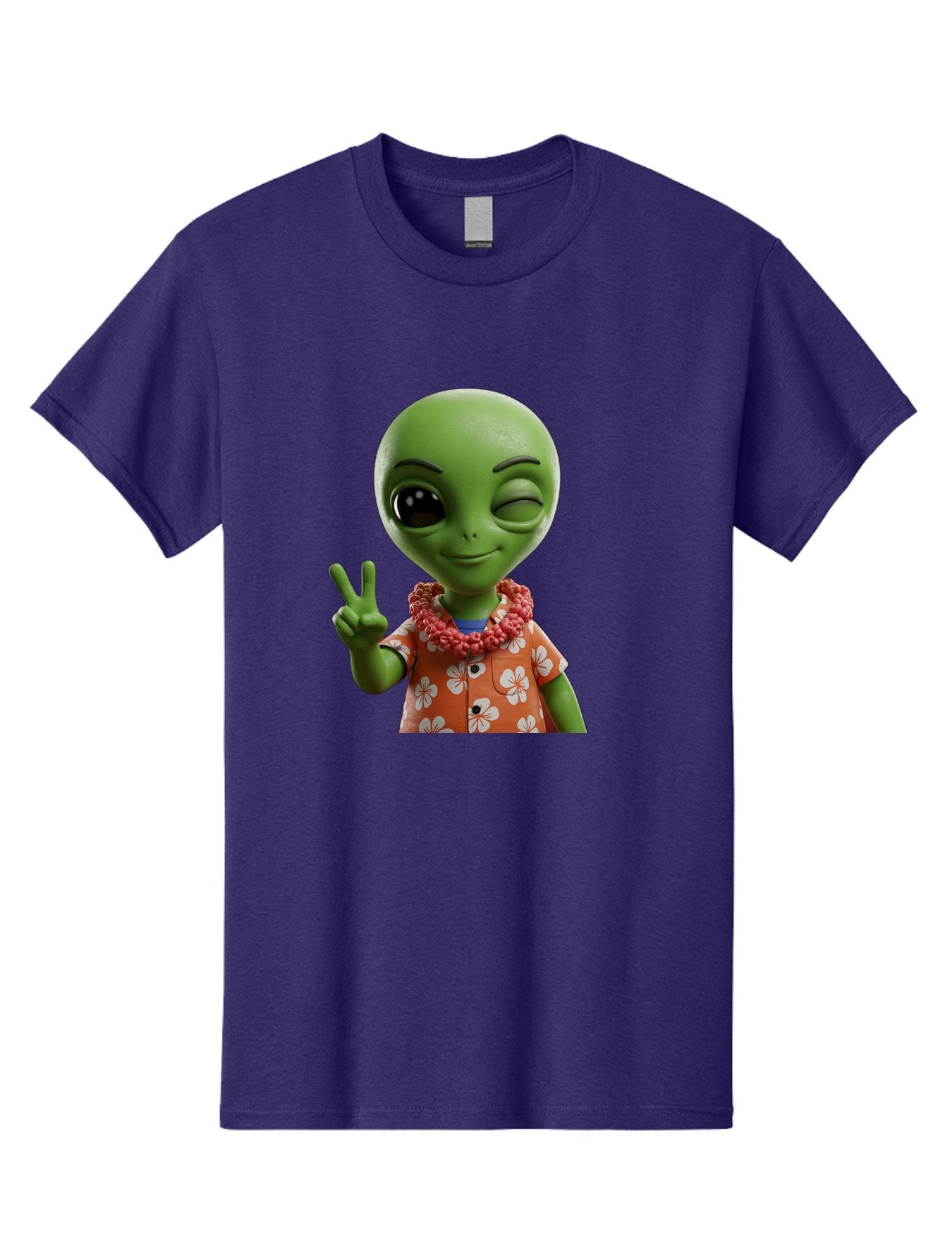 Alien Men'S Graphic Tee, 100% Cotton, Comfortable Casual Summer Wear, Machine Washable, Cartoon Alien, Peace Sign, Hawaiian Shirt, Floral Pattern, Relaxed Vibe, Friendly Demeanor, Extraterrestrial Fun, Playful Gesture, Tropical Feel, Bab636 5