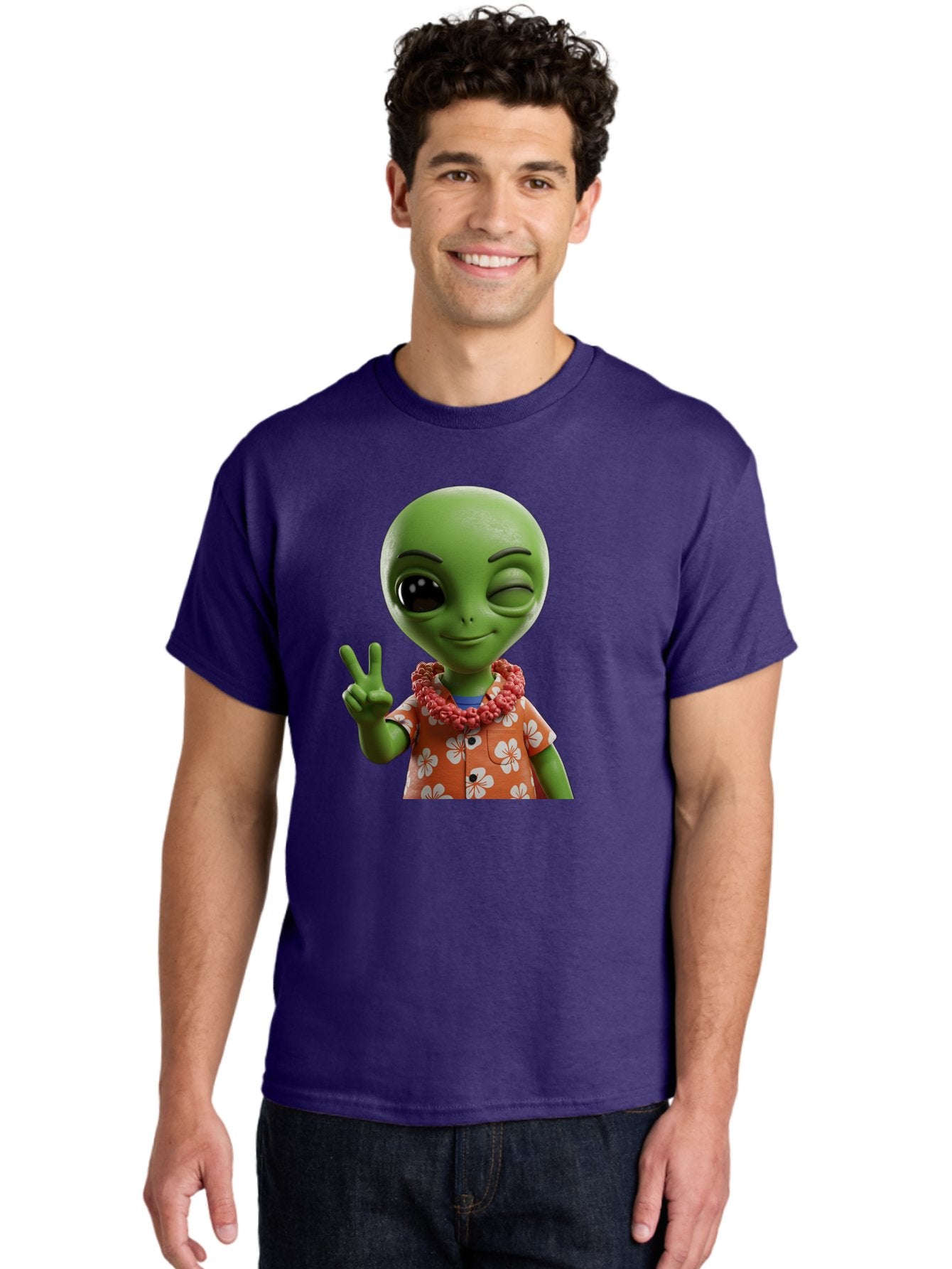 Alien Men'S Graphic Tee, 100% Cotton, Comfortable Casual Summer Wear, Machine Washable, Cartoon Alien, Peace Sign, Hawaiian Shirt, Floral Pattern, Relaxed Vibe, Friendly Demeanor, Extraterrestrial Fun, Playful Gesture, Tropical Feel, Bab636 23