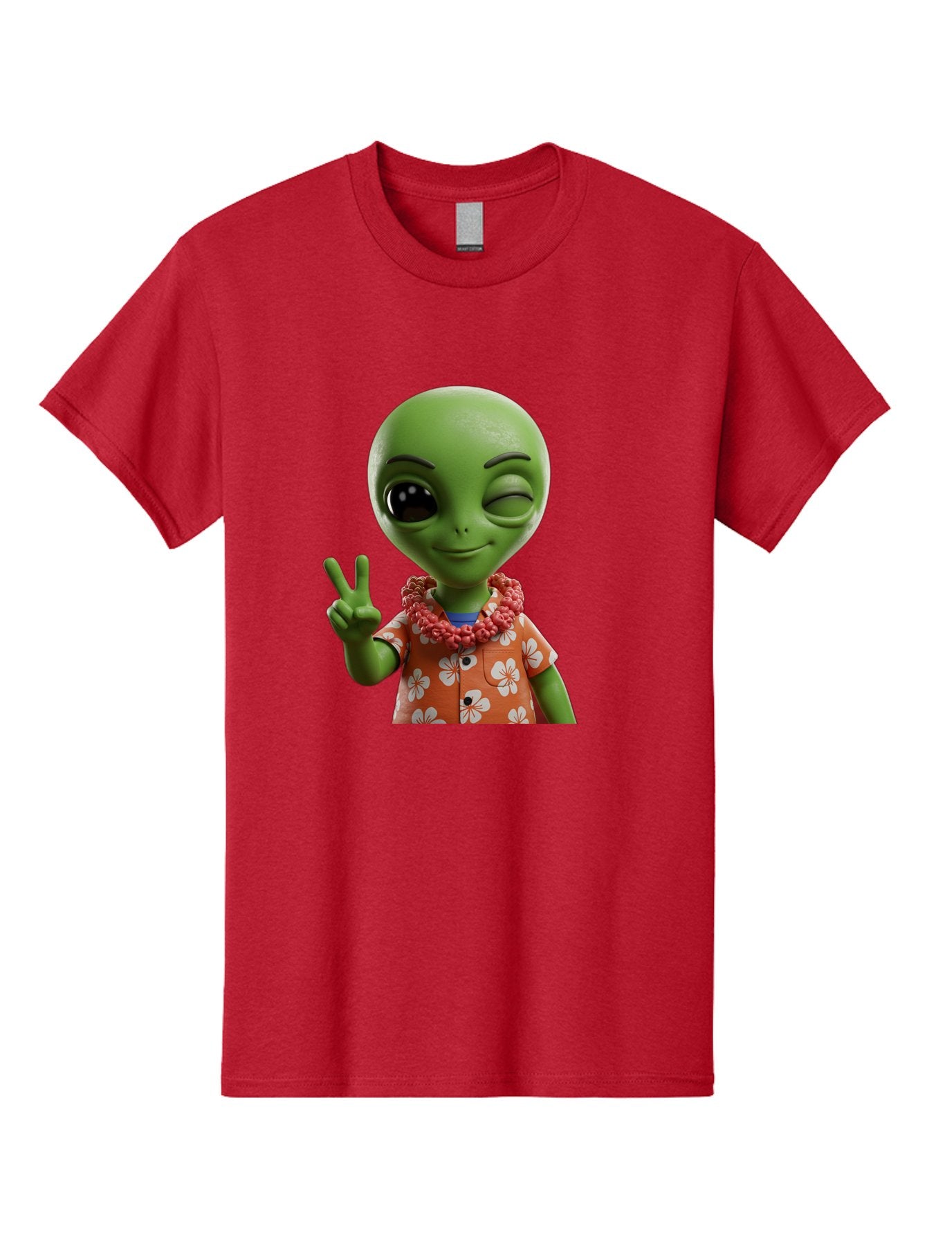 Alien Men'S Graphic Tee, 100% Cotton, Comfortable Casual Summer Wear, Machine Washable, Cartoon Alien, Peace Sign, Hawaiian Shirt, Floral Pattern, Relaxed Vibe, Friendly Demeanor, Extraterrestrial Fun, Playful Gesture, Tropical Feel, Bab636 3