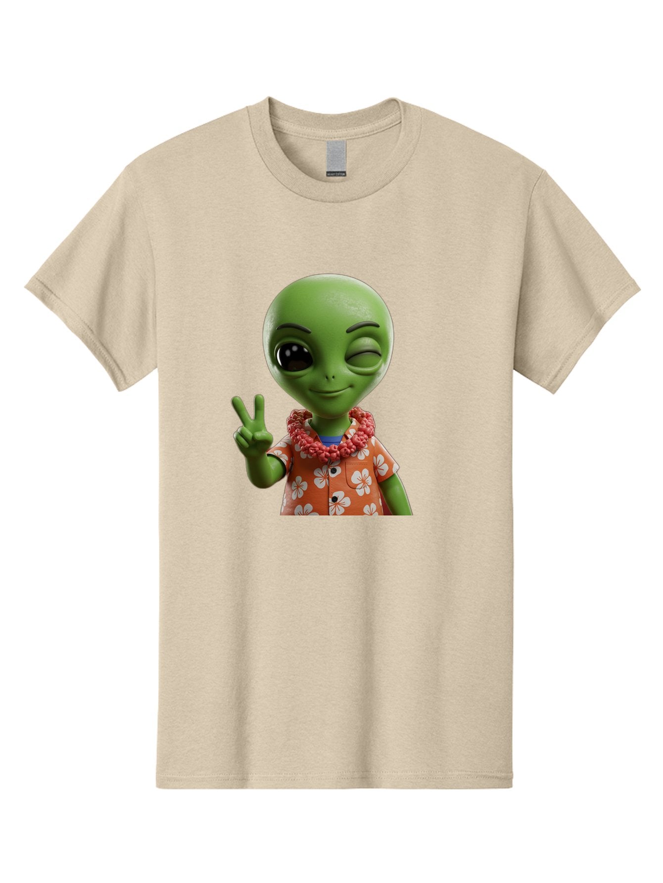 Alien Men'S Graphic Tee, 100% Cotton, Comfortable Casual Summer Wear, Machine Washable, Cartoon Alien, Peace Sign, Hawaiian Shirt, Floral Pattern, Relaxed Vibe, Friendly Demeanor, Extraterrestrial Fun, Playful Gesture, Tropical Feel, Bab636