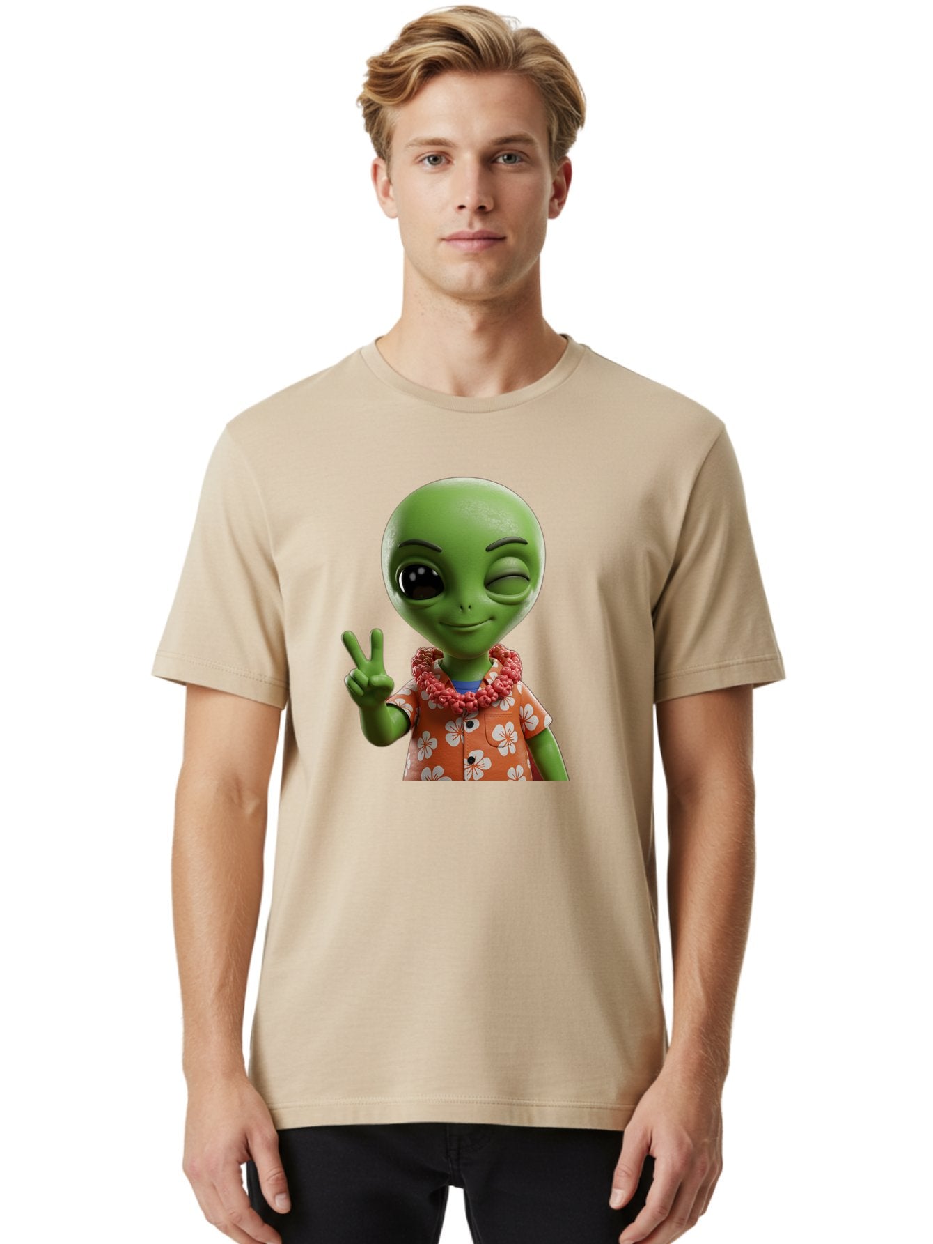 Alien Men'S Graphic Tee, 100% Cotton, Comfortable Casual Summer Wear, Machine Washable, Cartoon Alien, Peace Sign, Hawaiian Shirt, Floral Pattern, Relaxed Vibe, Friendly Demeanor, Extraterrestrial Fun, Playful Gesture, Tropical Feel, Bab636 21
