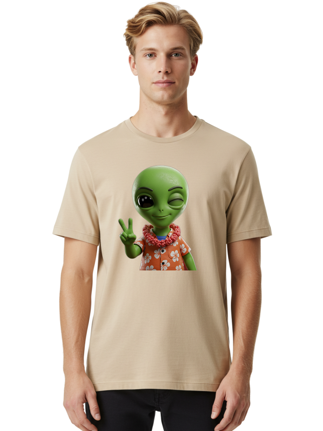 Alien Men'S Graphic Tee, 100% Cotton, Comfortable Casual Summer Wear, Machine Washable, Cartoon Alien, Peace Sign, Hawaiian Shirt, Floral Pattern, Relaxed Vibe, Friendly Demeanor, Extraterrestrial Fun, Playful Gesture, Tropical Feel, Bab636 25