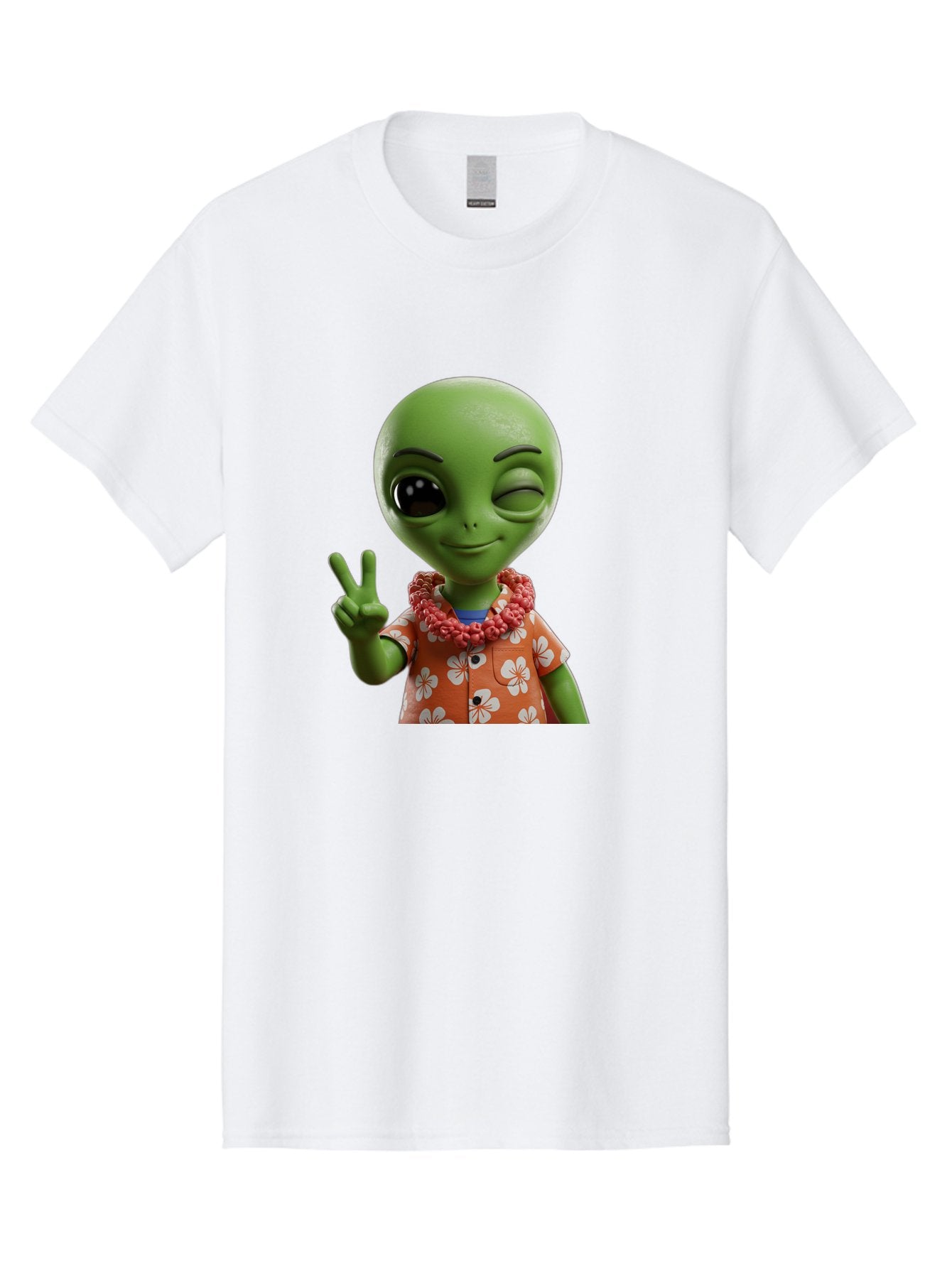 Alien Men'S Graphic Tee, 100% Cotton, Comfortable Casual Summer Wear, Machine Washable, Cartoon Alien, Peace Sign, Hawaiian Shirt, Floral Pattern, Relaxed Vibe, Friendly Demeanor, Extraterrestrial Fun, Playful Gesture, Tropical Feel, Bab636 11
