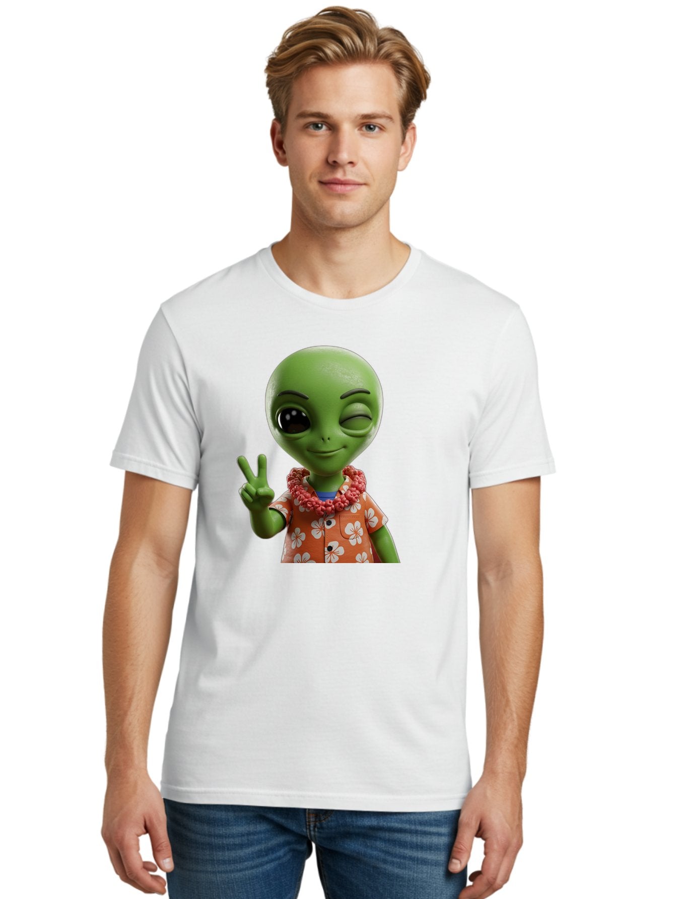 Alien Men'S Graphic Tee, 100% Cotton, Comfortable Casual Summer Wear, Machine Washable, Cartoon Alien, Peace Sign, Hawaiian Shirt, Floral Pattern, Relaxed Vibe, Friendly Demeanor, Extraterrestrial Fun, Playful Gesture, Tropical Feel, Bab636 27