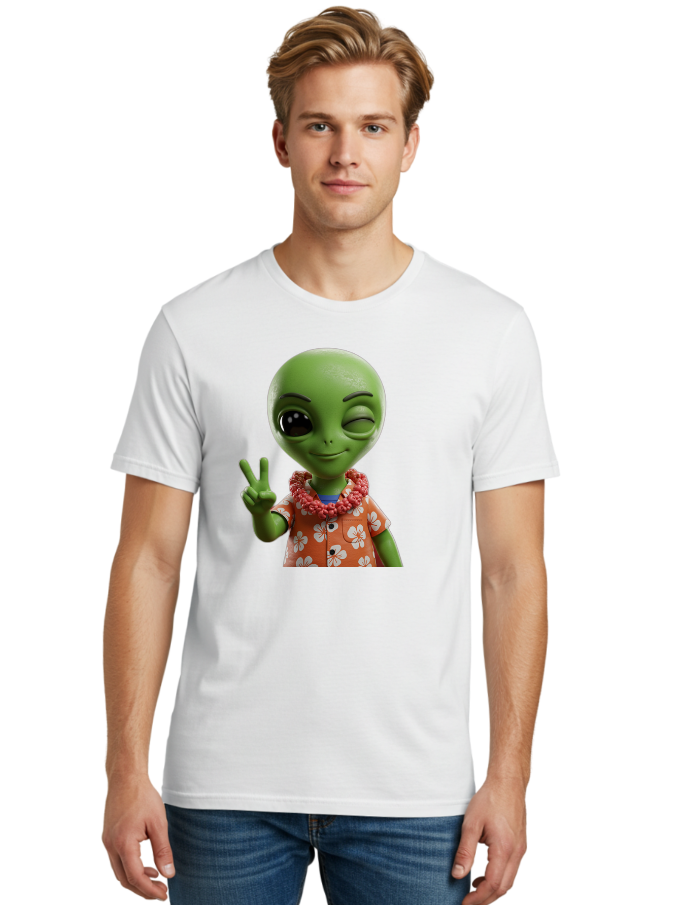 Alien Men'S Graphic Tee, 100% Cotton, Comfortable Casual Summer Wear, Machine Washable, Cartoon Alien, Peace Sign, Hawaiian Shirt, Floral Pattern, Relaxed Vibe, Friendly Demeanor, Extraterrestrial Fun, Playful Gesture, Tropical Feel, Bab636 19