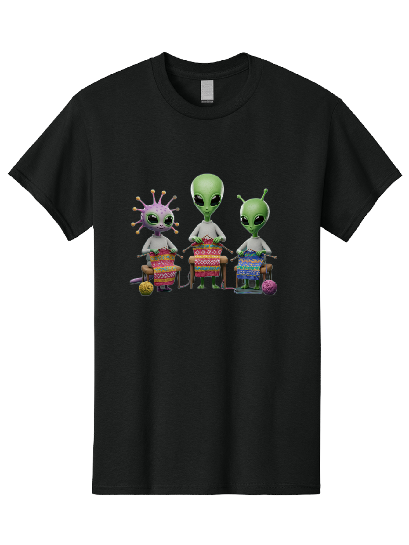 Aliens-Knitting Men'S Graphic Tee, 100% Cotton, Comfortable Casual Summer Wear, Machine Washable, Cartoon Aliens, Knitting Patterns, Colorful Yarn, Creative Creatures, Extraterrestrial Hobby, Playful Illustration, Knitting Needles, Bab638 11
