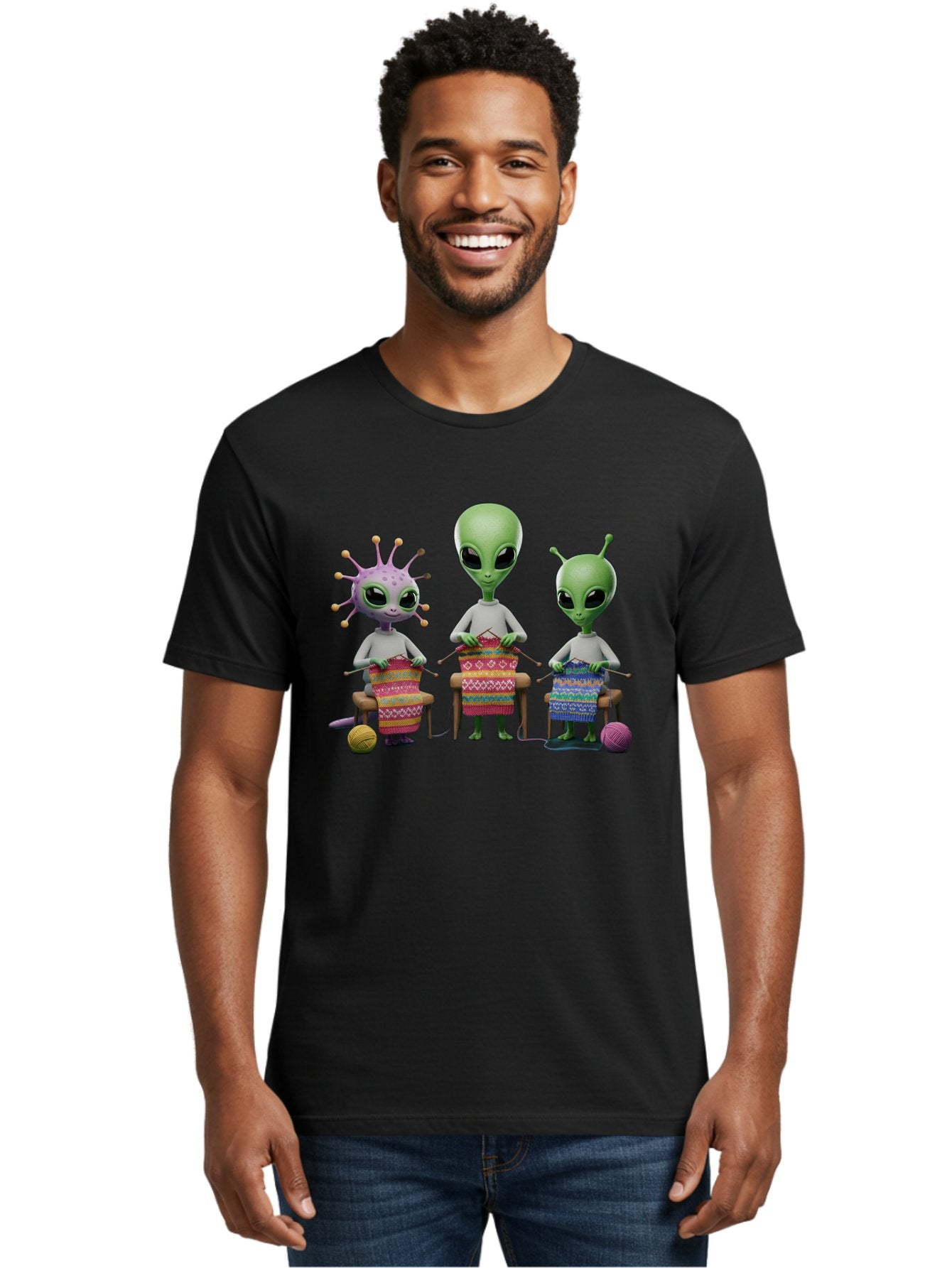 Aliens-Knitting Men'S Graphic Tee, 100% Cotton, Comfortable Casual Summer Wear, Machine Washable, Cartoon Aliens, Knitting Patterns, Colorful Yarn, Creative Creatures, Extraterrestrial Hobby, Playful Illustration, Knitting Needles, Bab638 19